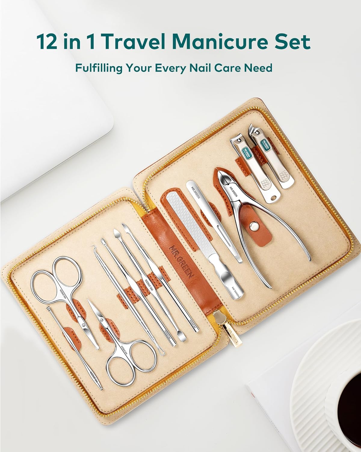 mr.green manicure set, pedicure sets, nail clipper sets, stainless steel professional nail cutter kits with travel case (12 count)