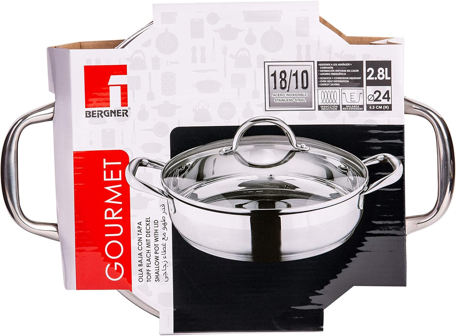 bergner gourmet cooking pot with glass lid set of 2 bg9848, silver, 24 cm, stainless steel