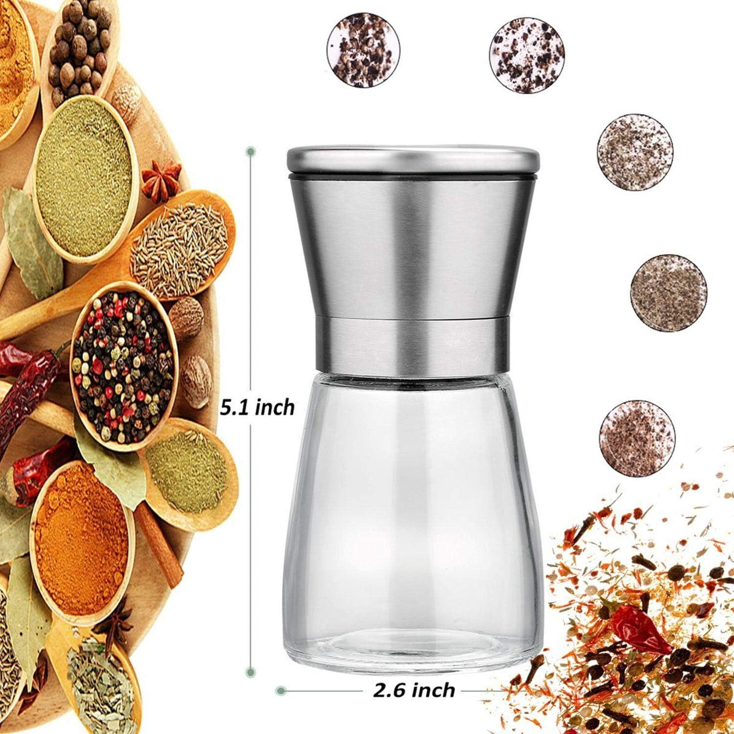 set of salt and pepper grinder 2 pack salt and pepper shakers with stand stainless steel spice grinder mill for adjustable coarseness