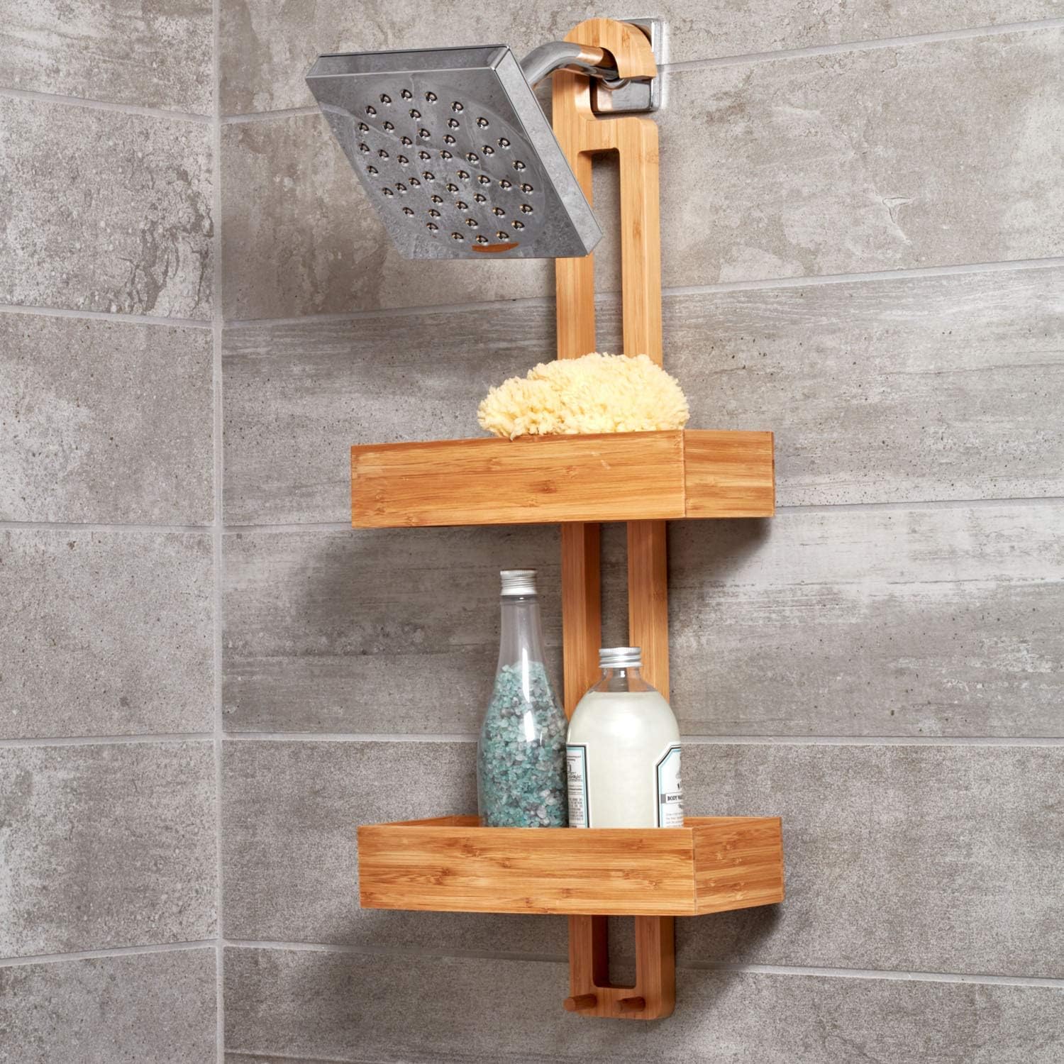 idesign formbu bamboo hanging shower caddy for shampoo, conditioner, and soap with hooks for razors, towels, loofahs, and more, 11.05" x 5.32" x 26.68", natural beige
