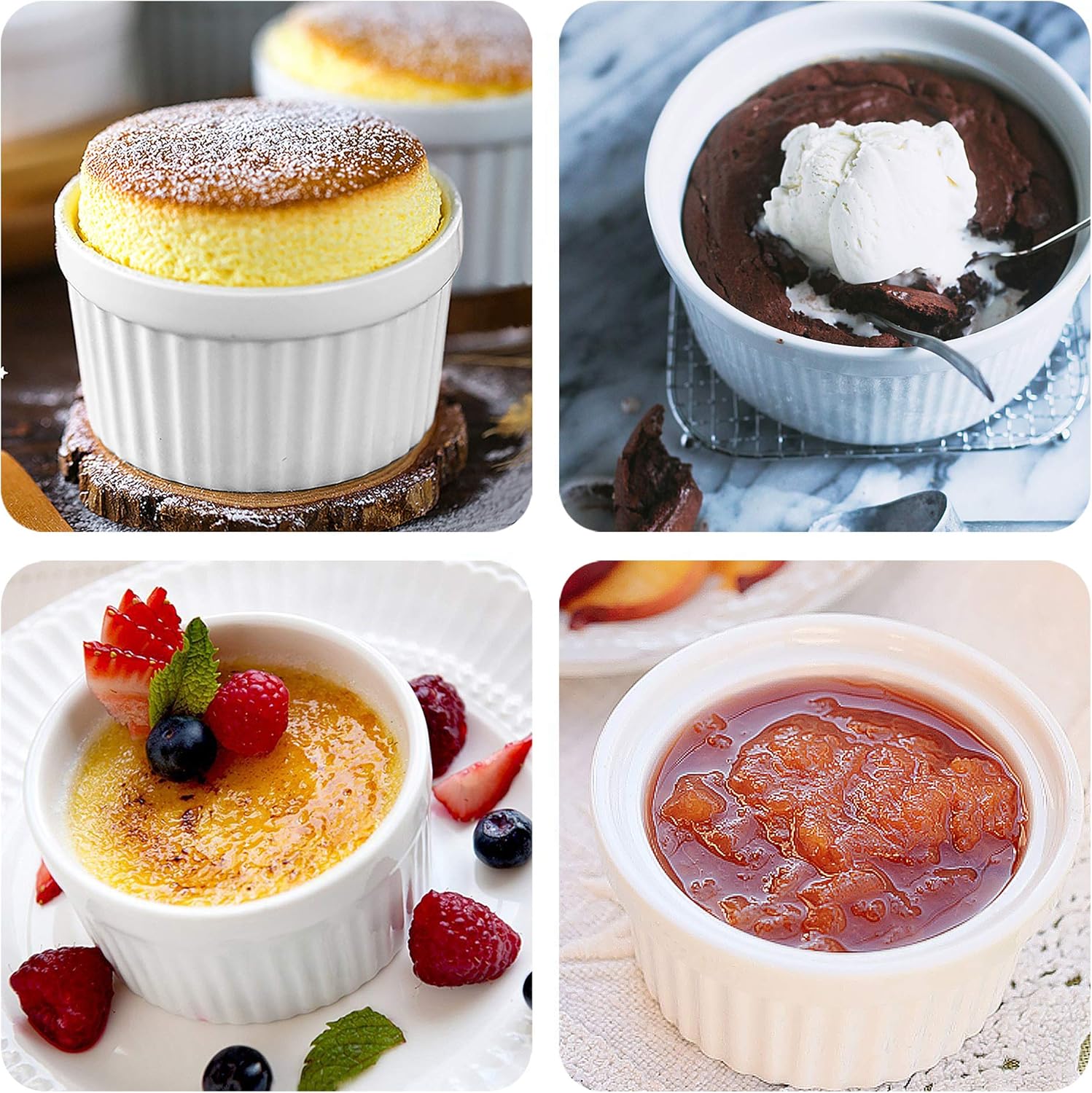 gpyg ramekins 6 oz, set of 8, creme brulee ramekins, souffle dishes, oven safe porcelain ramiken bowls for custard, lava cakes, pudding, flan, mini desserts, jam and ice cream, ramekins for baking