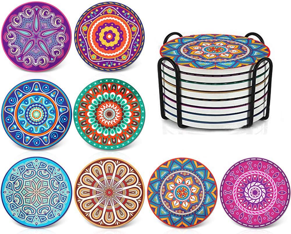 goodstuff absorbing stone mandala coasters for drinks cork base, with holder, unique present for friends, men, women, funny birthday housewarming gifts, apartment kitchen room bar decor, set of 8