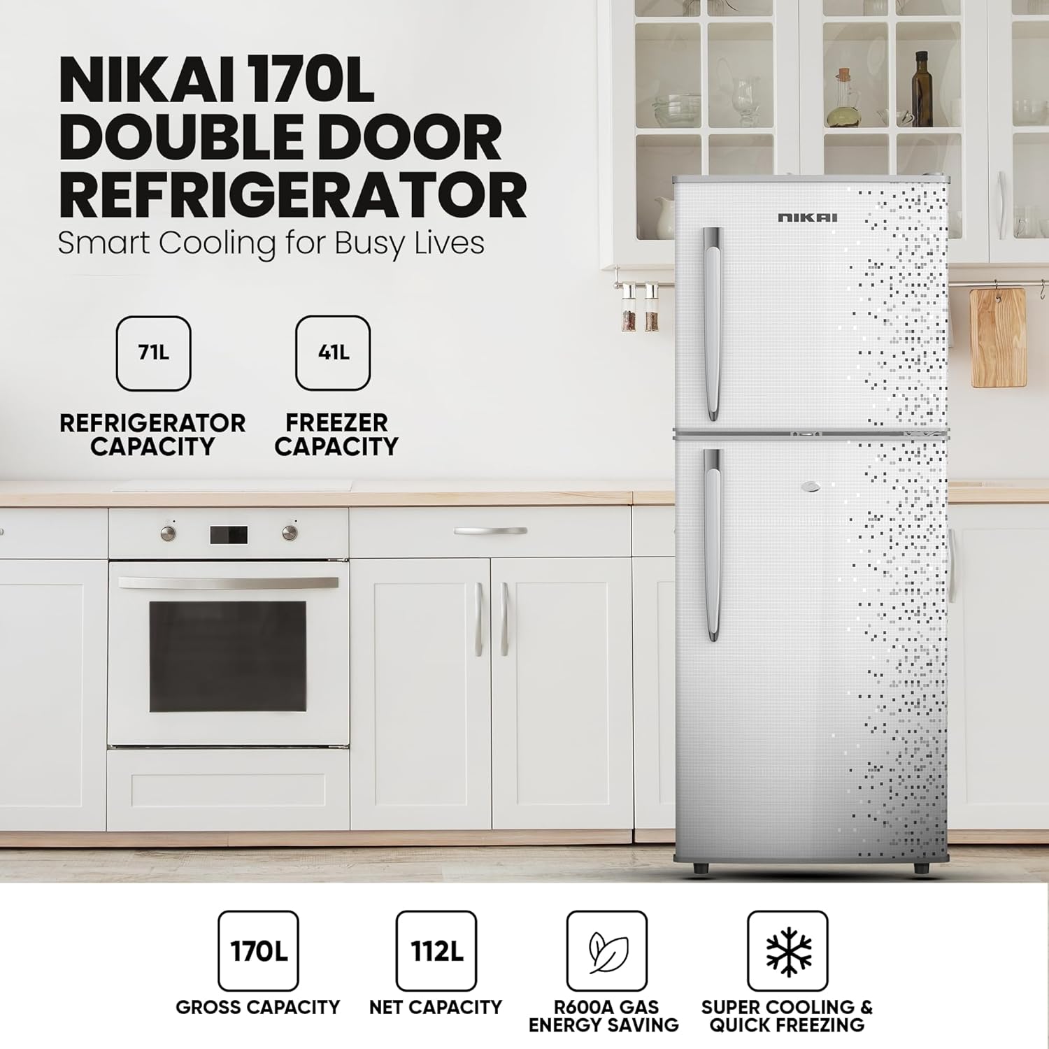 nikai 170l gross/112l net, double door refrigerator with vegetable crisper & adjustable glass shelves, defrosting & temperature control, ideal for kitchen, bedroom, office & hotels nrf170dn3m silver