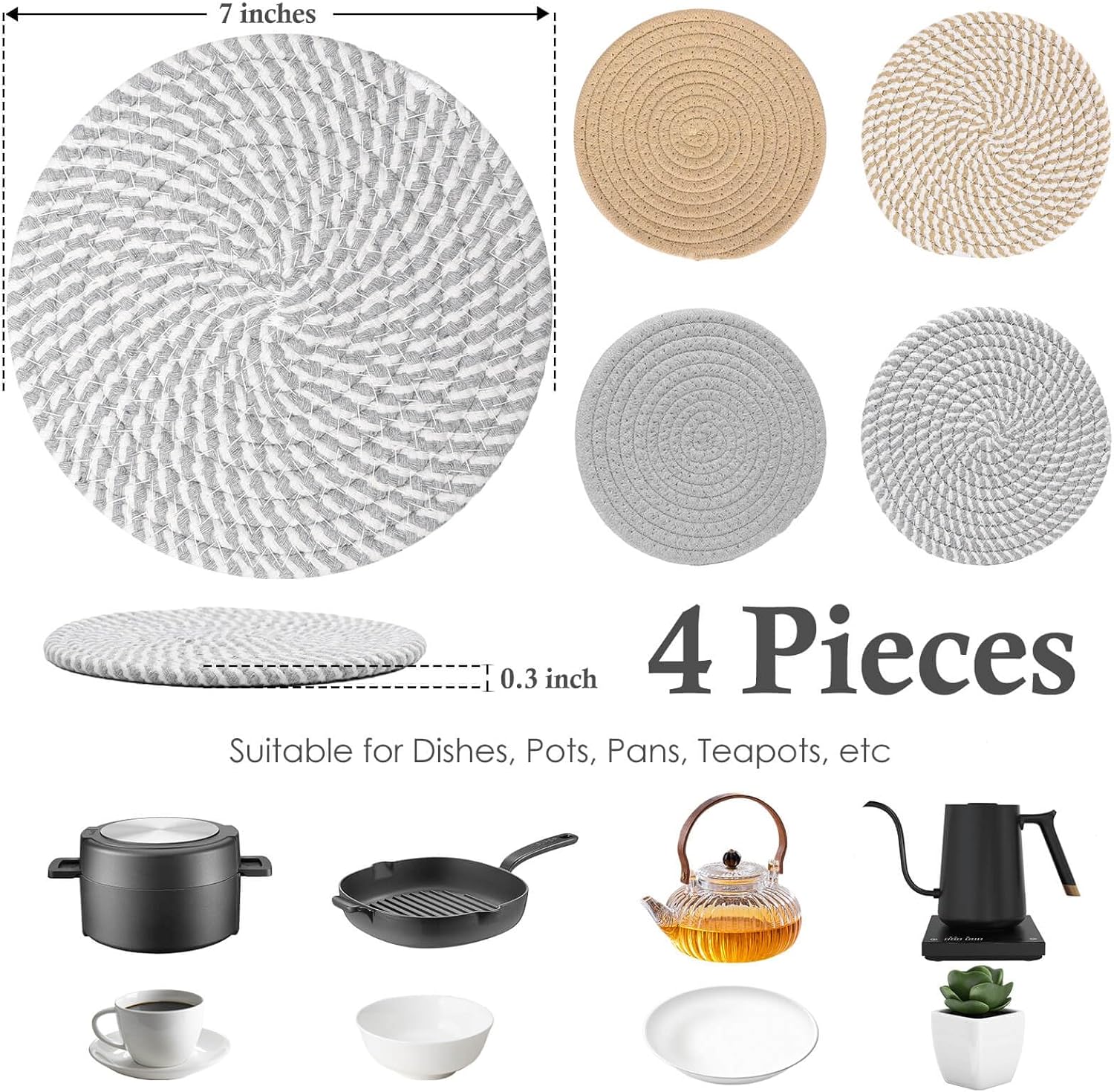 billbotk 7" trivets for hot dishes, hot pots and pans, 4 heat resistant hot pads, pot holders for kitchen, hot plate mats for kitchen decor and essentials(gray&brown)
