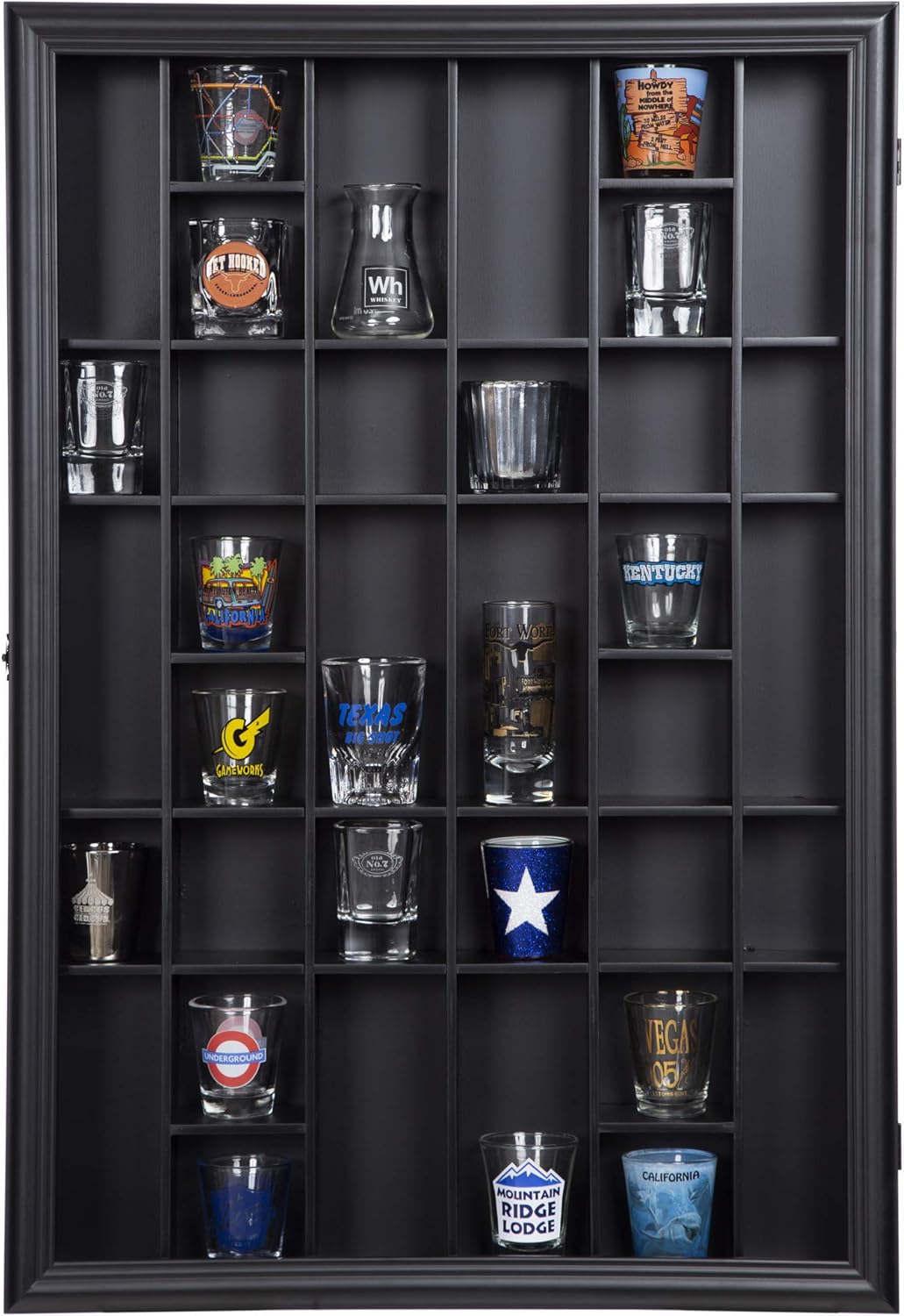 gallery solutions 18x26 display hinged front, black shot glass case od 17.8875x21.3125, 17" x 21"