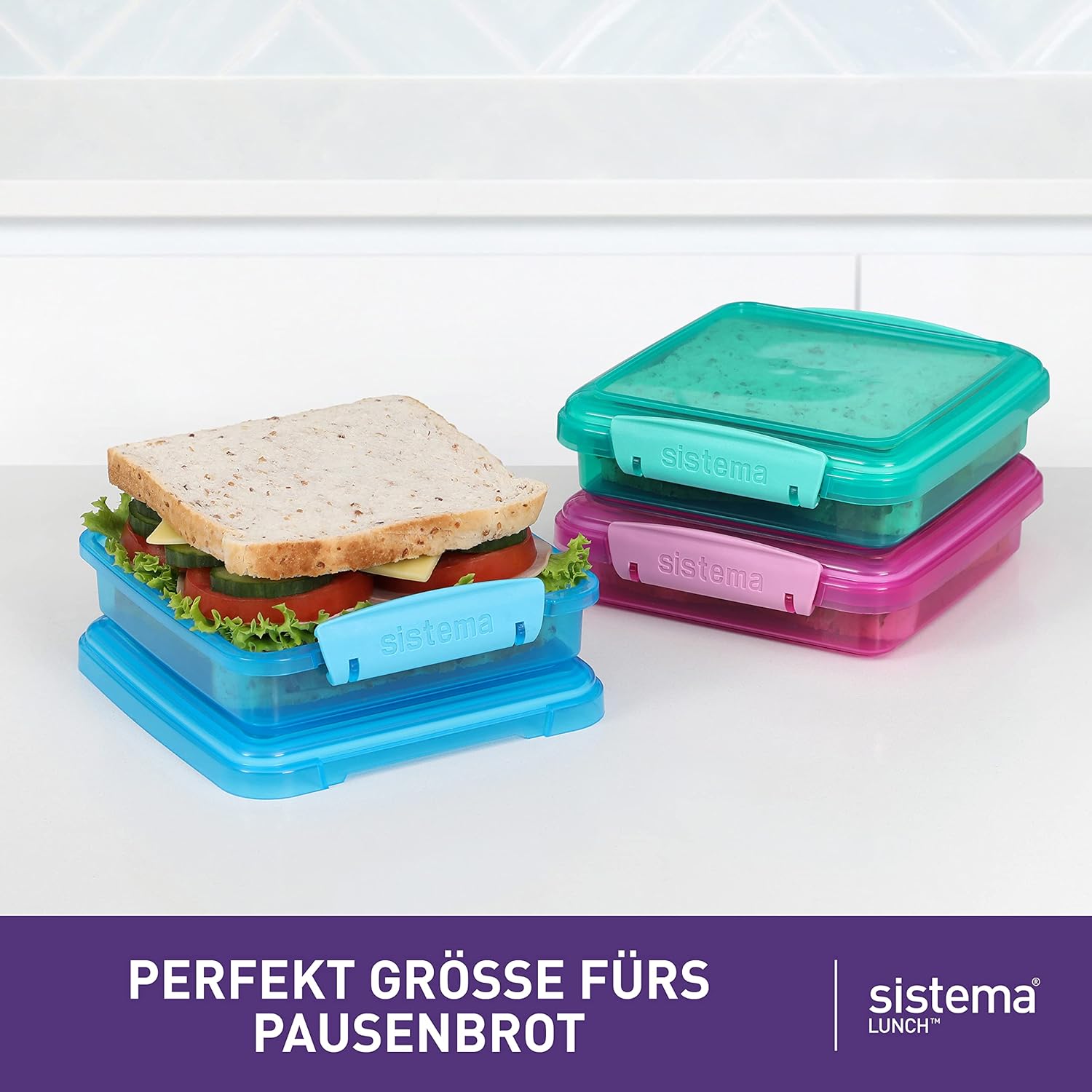 sistema lunch sandwich box, 450 ml assorted colours with contrasting clips, pack of 3, 1.55 x 15 x 12.4 cm