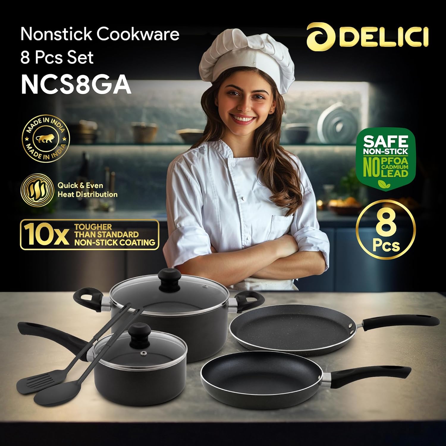 delici 8pcs nonstick cookware set with10x toughercoating, hot plate, halogen,ceramic&gascompatible – includes 24cm saucepan with glass lid, 24cm frypan, 26cm tawa pan, 18cm milk pan and 2 nylonturners