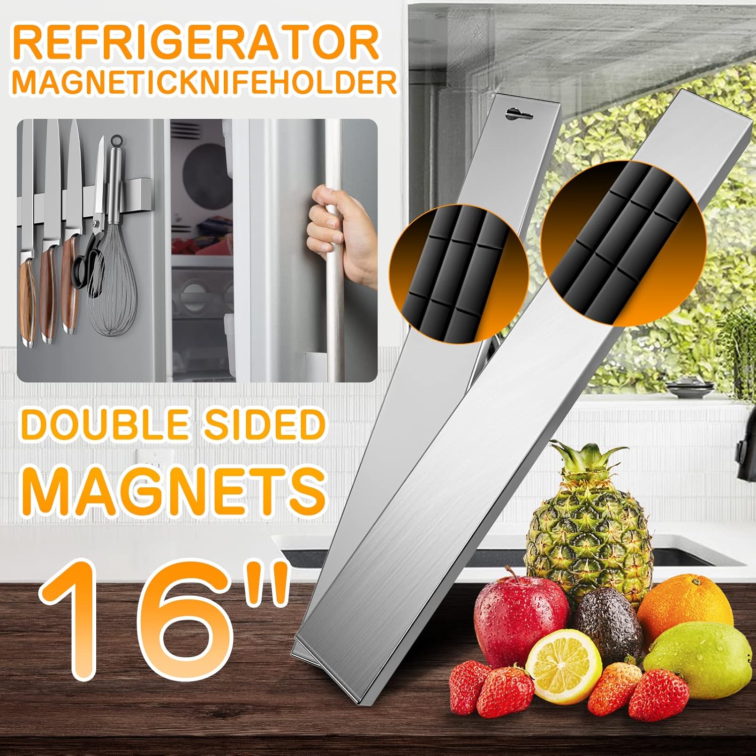 ninonly 40 cm magnetic knife holder for refrigerator, stainless steel double sided magnet knife strip for wall, no drilling magnetic knife rack with powerful magnetic pull force fridge applicable