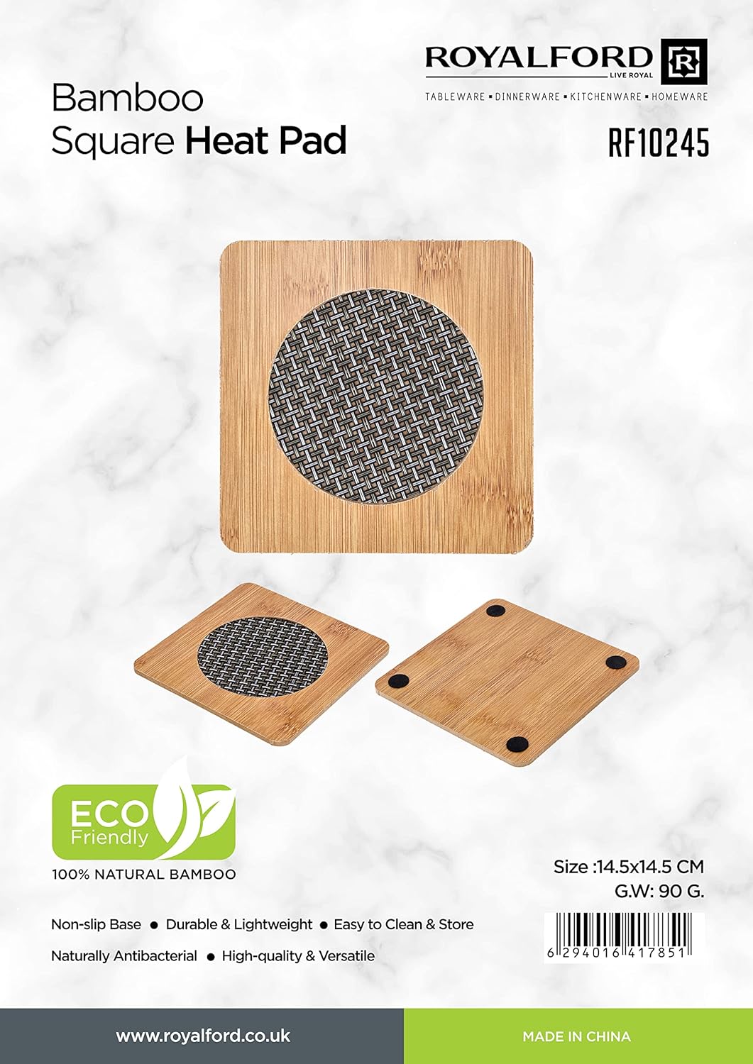 royalford bamboo square heat pad, rf10245 natural antibacterial non slip kitchen table pad for hot pans, placemat pads, key tray, and bar service mat, multicolor