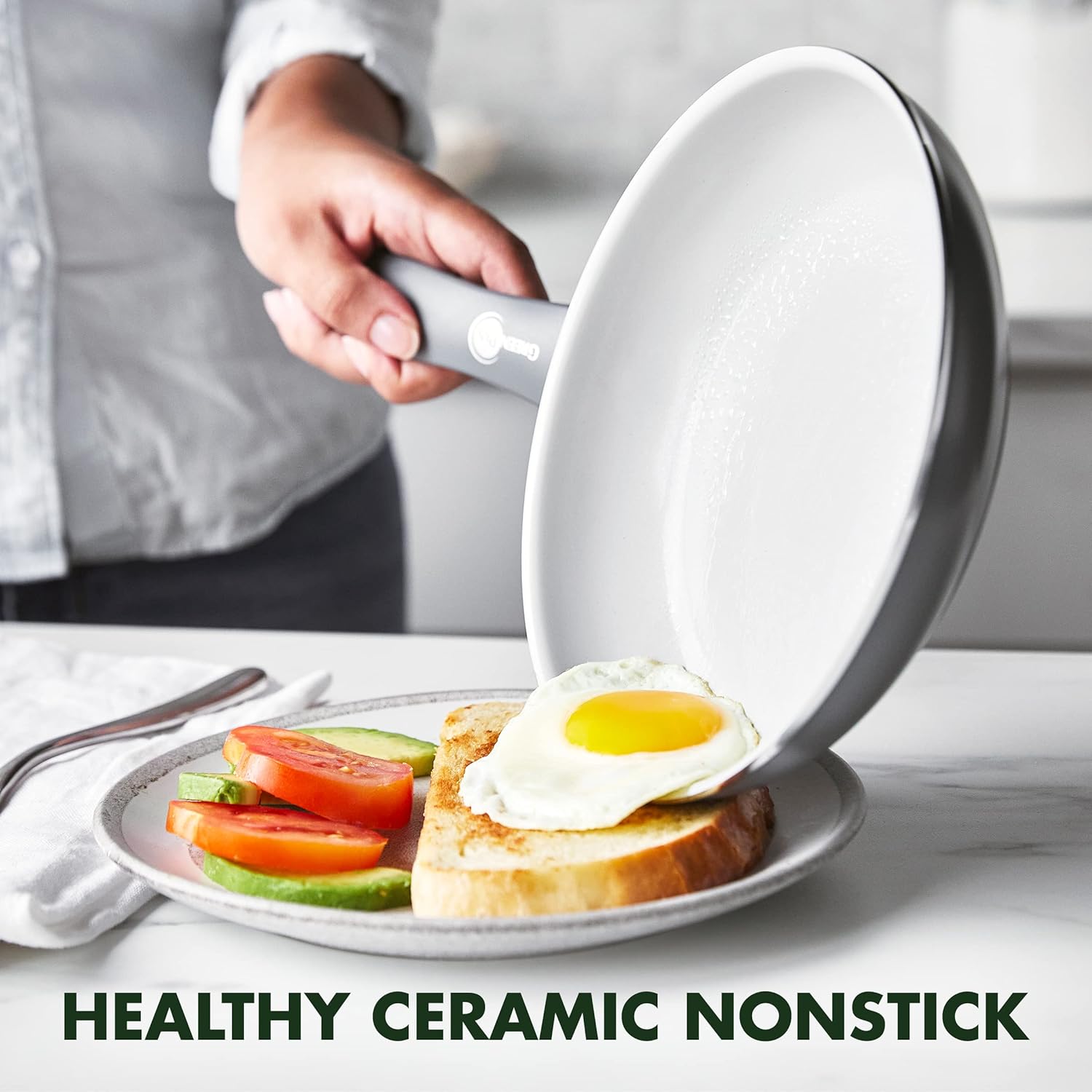 greenpan dover healthy ceramic nonstick, 8" frying pan skillet, pfas free, dishwasher safe, comfort grip handle, grey
