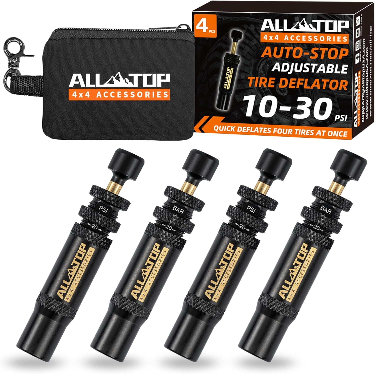 all top adjustable auto stop tire deflator valve kit (10 30 psi) 4 pcs screw on tyre air down tool for offroad 4x4 (with 5 valve caps)