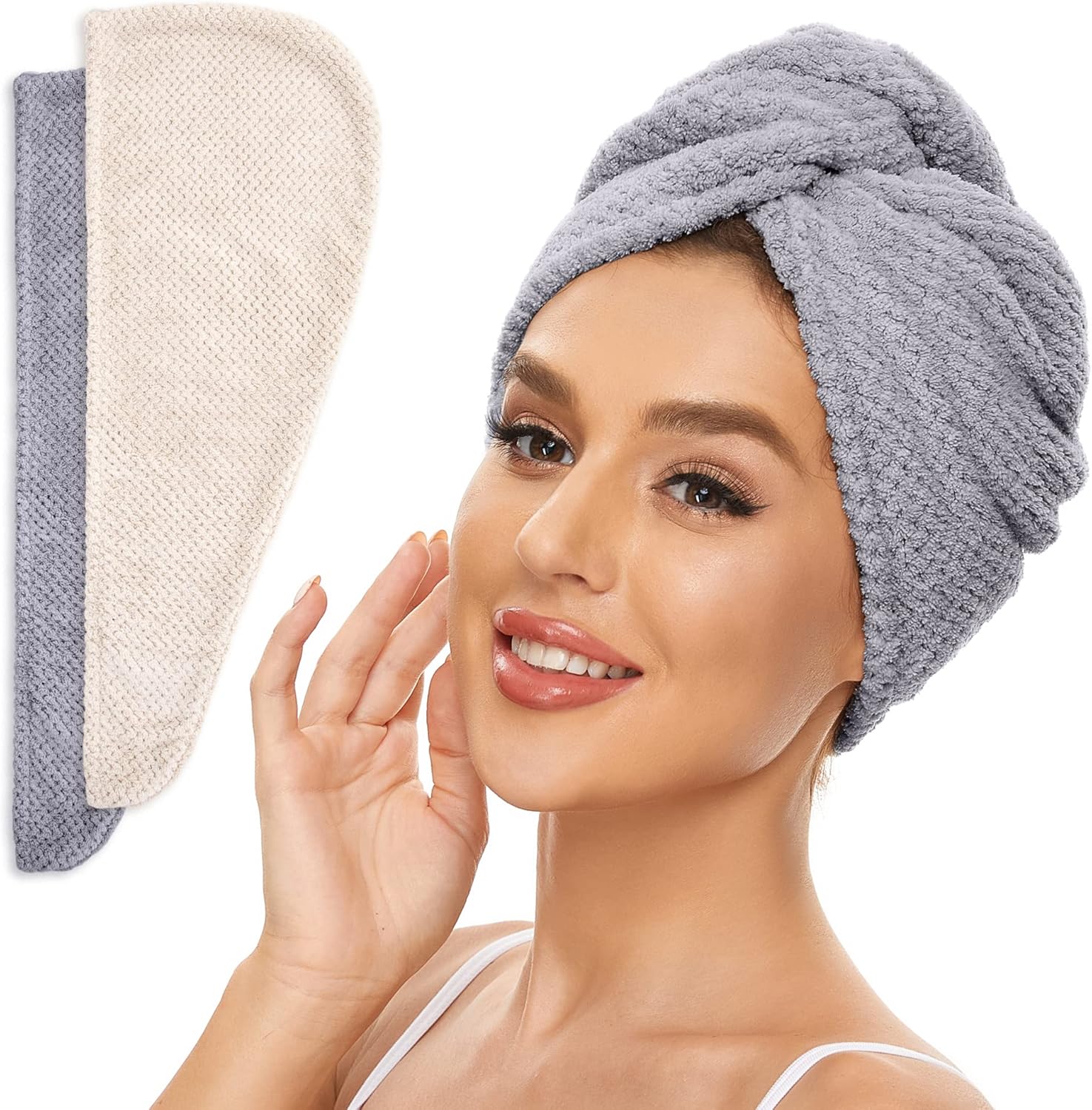 simplefield 2 pack microfiber hair towel wrap for women, anti frizz quick drying hair turban for all hair style, absorbent and lightweight (beige + grey)