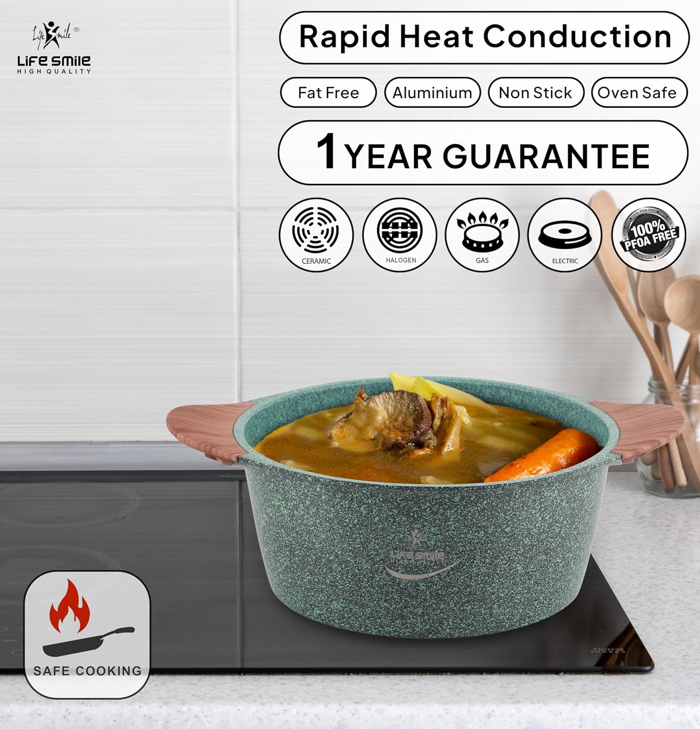 life smile cookware set non stick pots and pan set induction base, granite coating 100% pfoa free, die cast aluminum body kitchen set (green, 8 pieces)