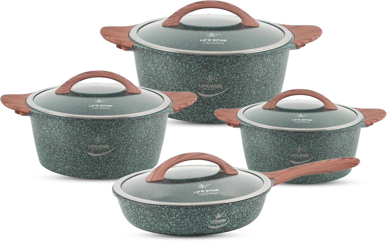 life smile cookware set non stick pots and pan set induction base, granite coating 100% pfoa free, die cast aluminum body kitchen set (green, 8 pieces)