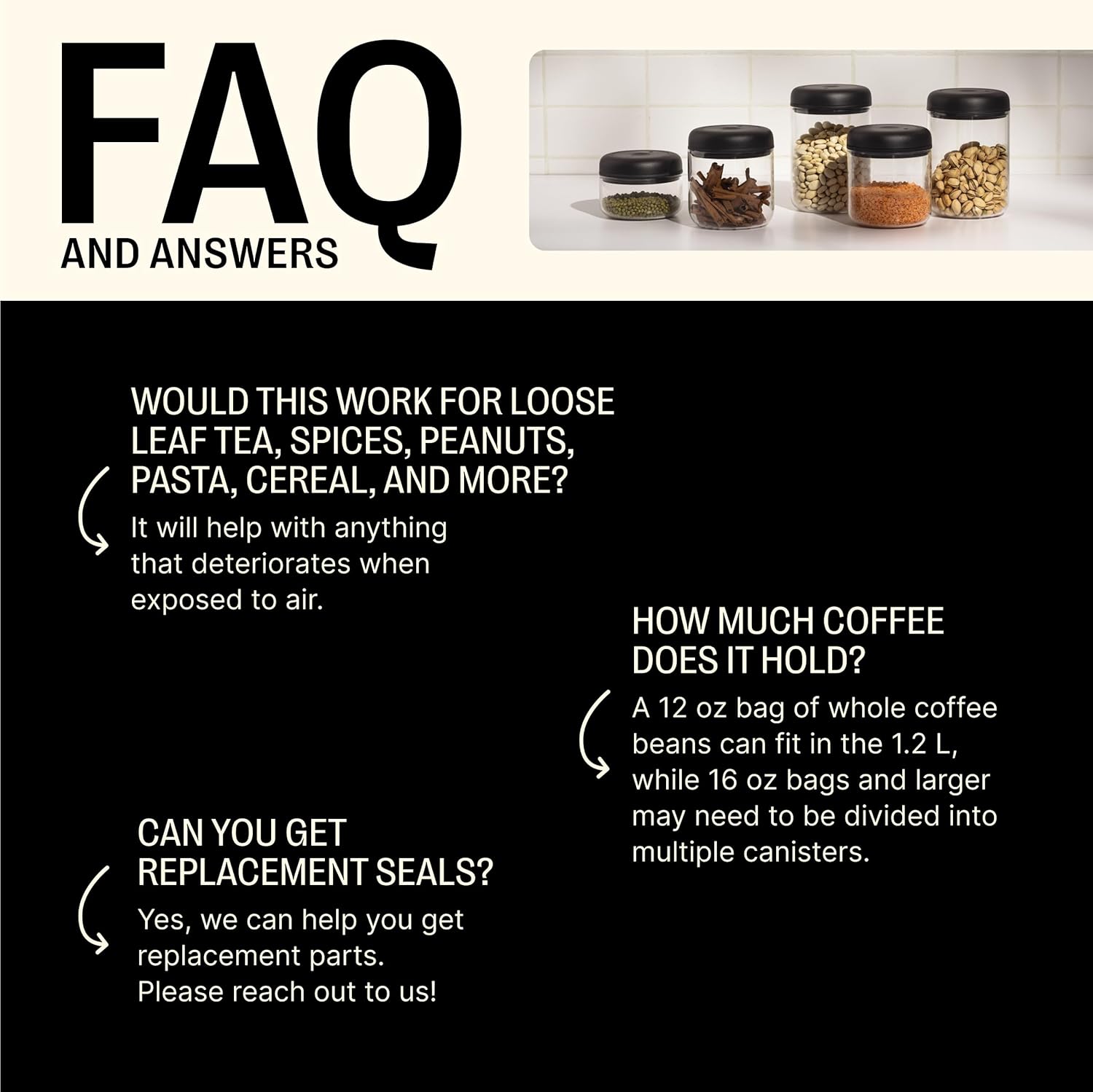 fellow atmos vacuum canister for coffee & food storage airtight sealed container, clear glass, large coffee bean storage, 1.2 litre jar