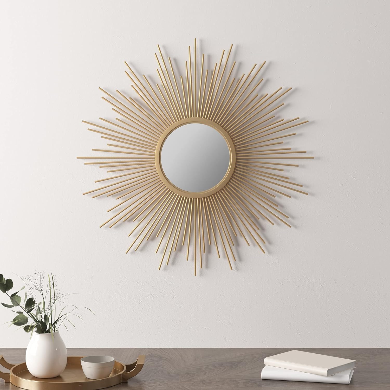 madison park wall décor fiore metal sunburst mirror for living room home accent, ready to hang bedroom decoration, 14.5" diameter, gold