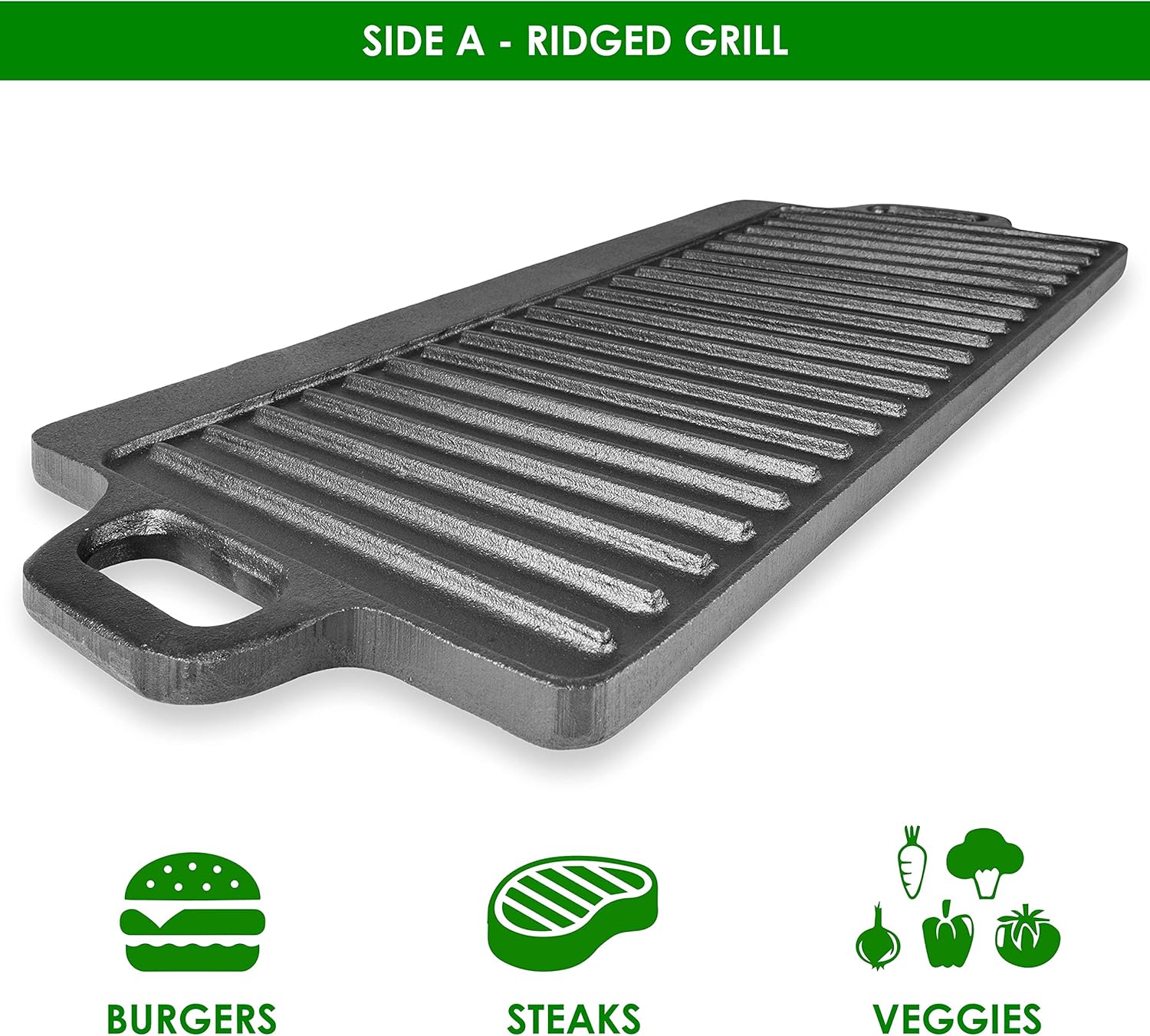 prosource 2 in 1 reversible 19.5” x 9” cast iron griddle with handles, preseasoned & non stick for gas stovetop, oven and open fire.