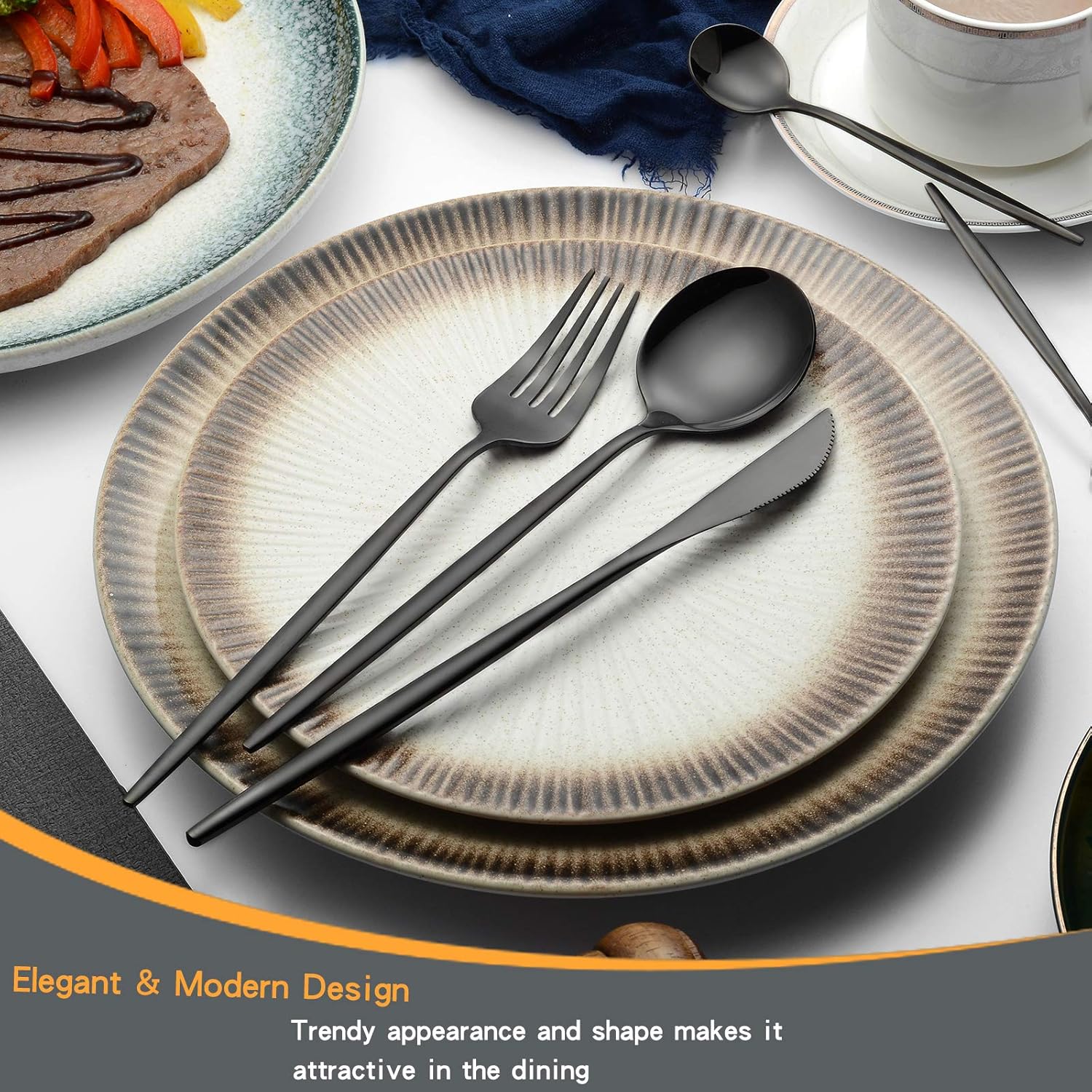 laienlife black silverware set 20 piece, stainless steel flatware set service for 4, unique utensils with fork and spoon teaspoon, mirror black cutlery set, silverware for home party kitchen