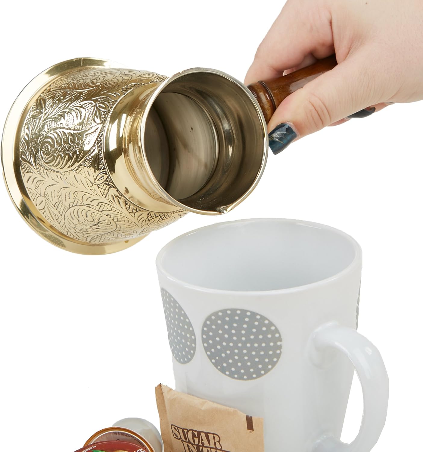 mind reader turkish style brass coffee pot with wooden handle, gold