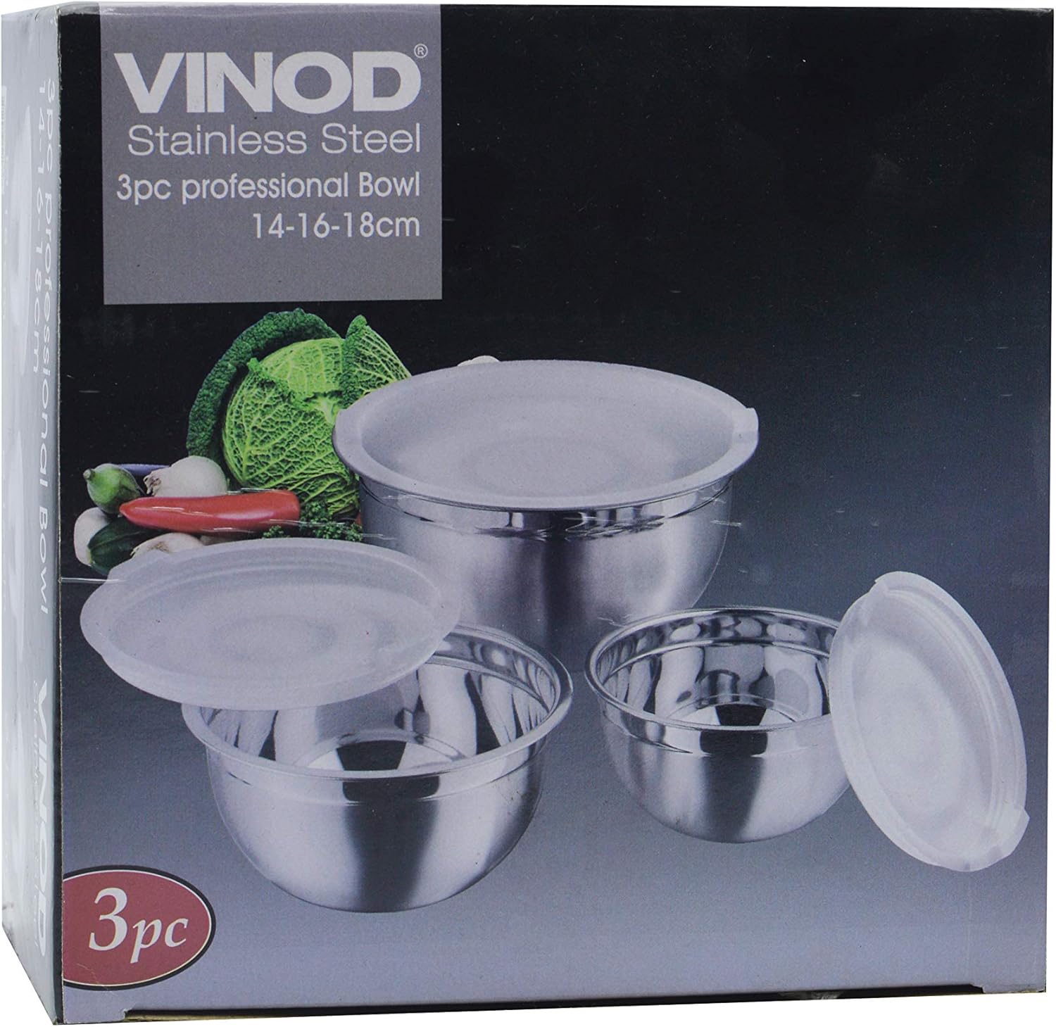 raj stainless steel mixing bowl with plastic lid, 14 / 16 / 18 cm, vpi014, 3 pieces serving bowl set , storage container set , meal prep containers with lid