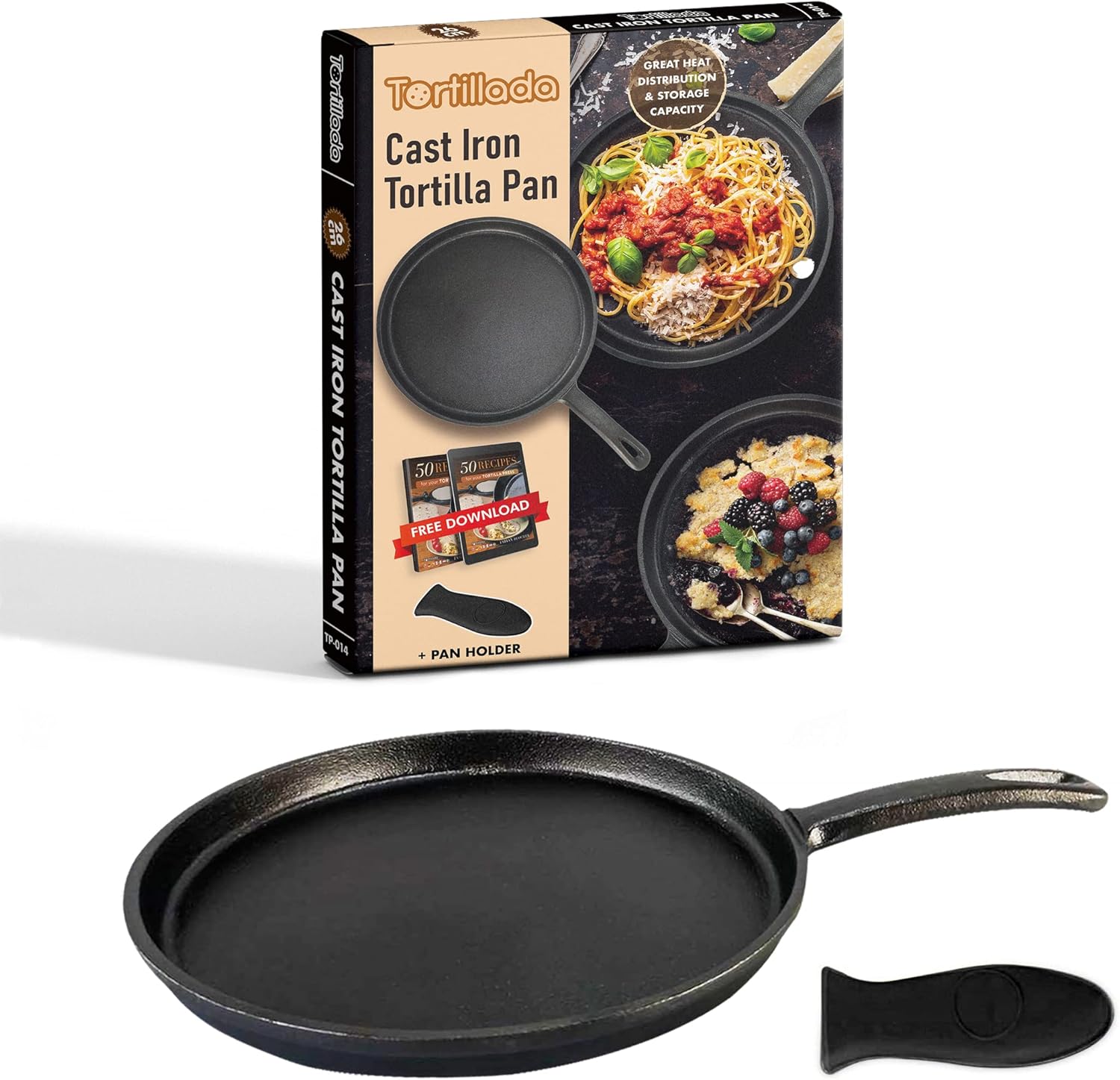 tortillada – 26cm pre seasoned cast iron griddle/pan + hot handle holder + recipes e book 50 tortilla recipes