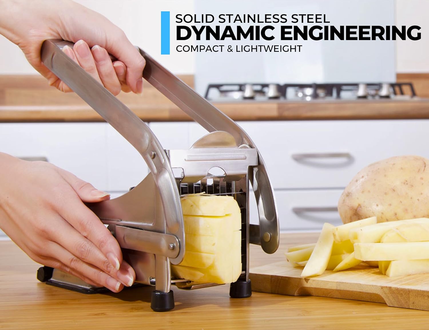 impeccable culinary objects (ico) ico french fry cutter, 2 blade potato slicer, french fry cutter for potatoes with non slip suction lock technology, stainless steel french fry press