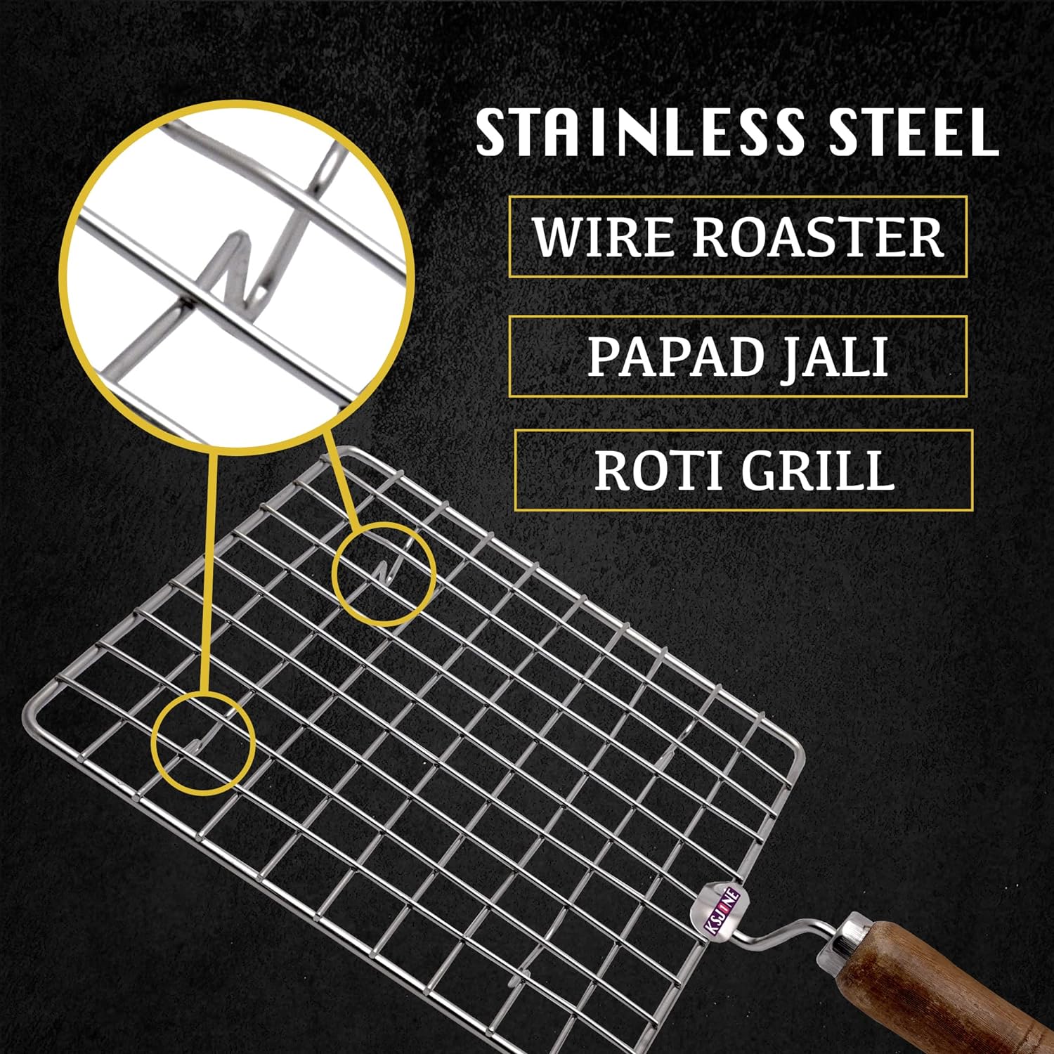 ksjone stainless steel multi functional wire steaming cooling and baking barbecue rack square wire roaster rack/papad jali/roti grill round shape with wooden handle
