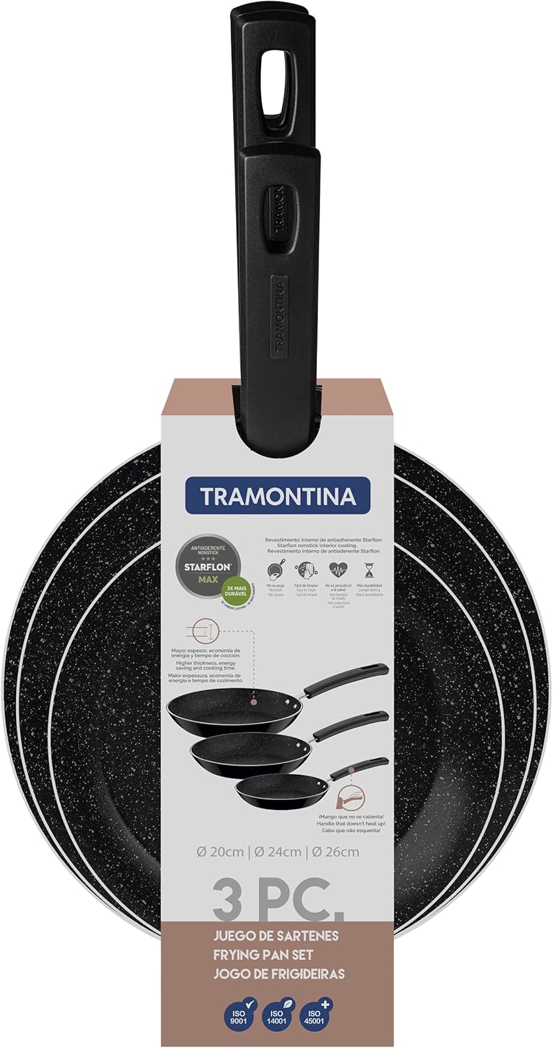 tramontina chelsea 3 pieces black aluminum frying pan set with interior and exterior starflon max pfoa free nonstick coating 20cm + 24cm + 26cm