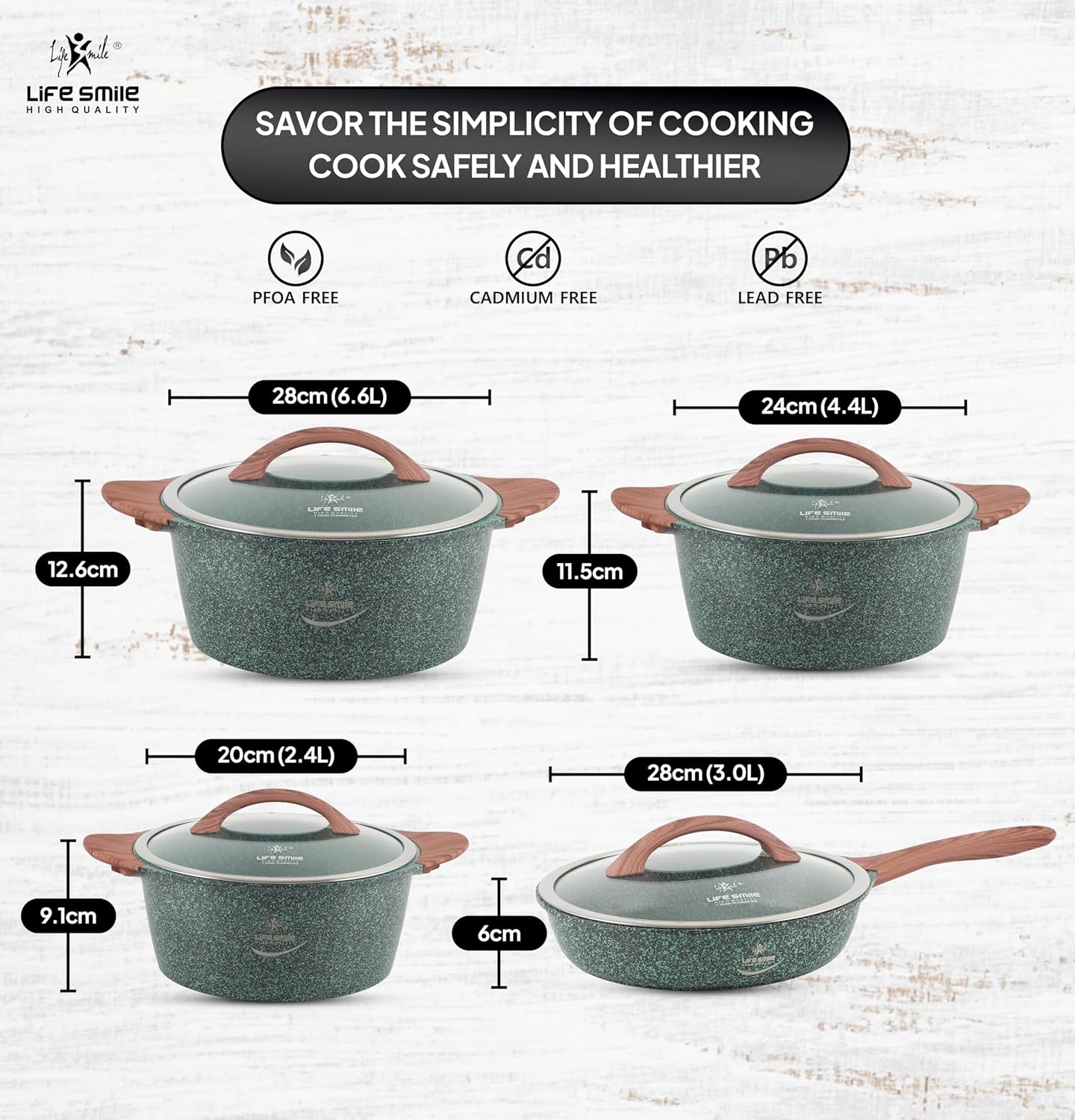 life smile cookware set non stick pots and pan set induction base, granite coating 100% pfoa free, die cast aluminum body kitchen set (green, 8 pieces)