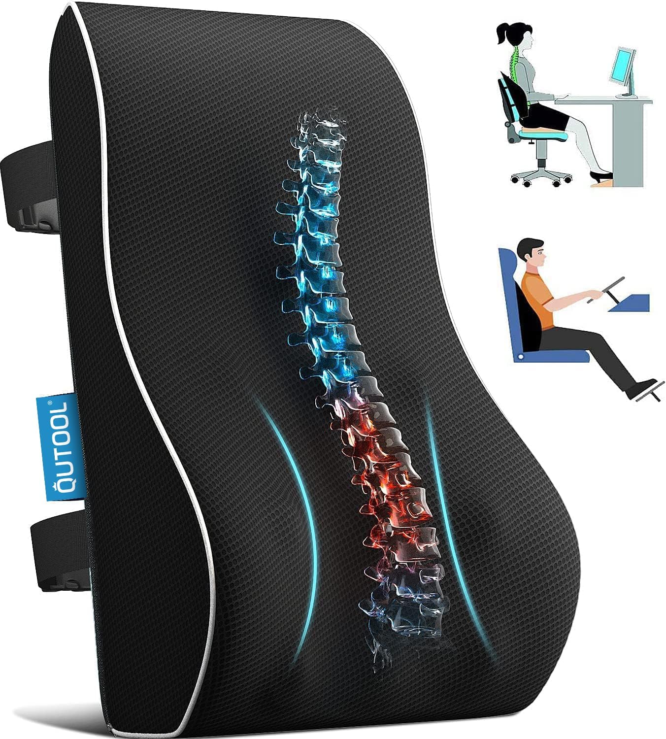lumbar support pillow for office chair memory foam back cushion for back pain relief improve posture large back pillow for car, computer chair, recliner breathable mesh cover double adjustable straps