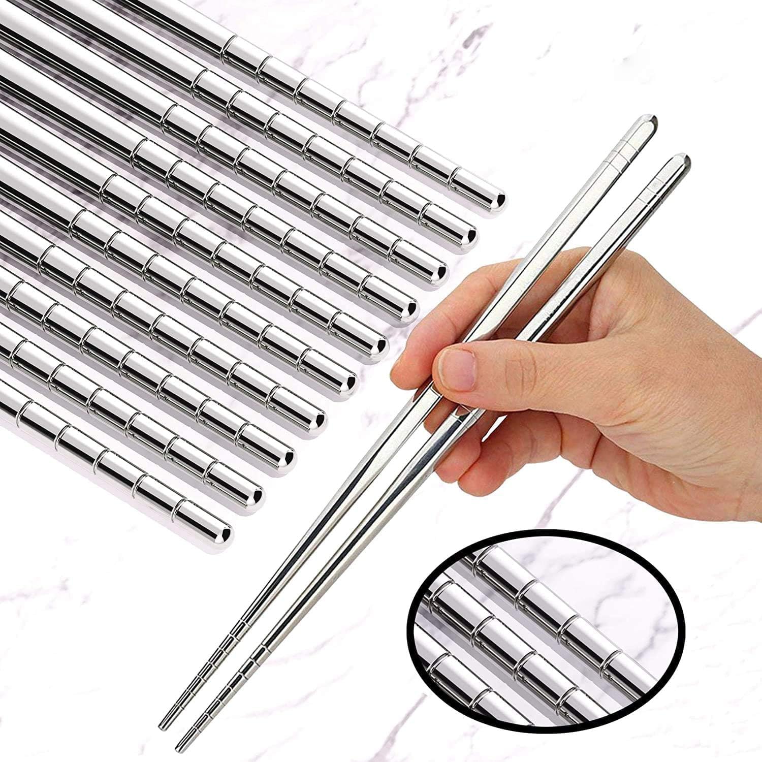 grace stainless reusable chopsticks,safe metal chopsticks set food grade 304 stainless steel chopstick non slip round healthy lightweight travel 5 pairs (gb/t15067)