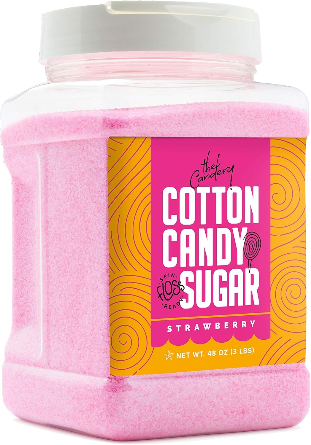 the candery cotton candy floss sugar strawberry flavor reusable plastic jars easy pour and scoop spout 48oz 3lb (strawberry)