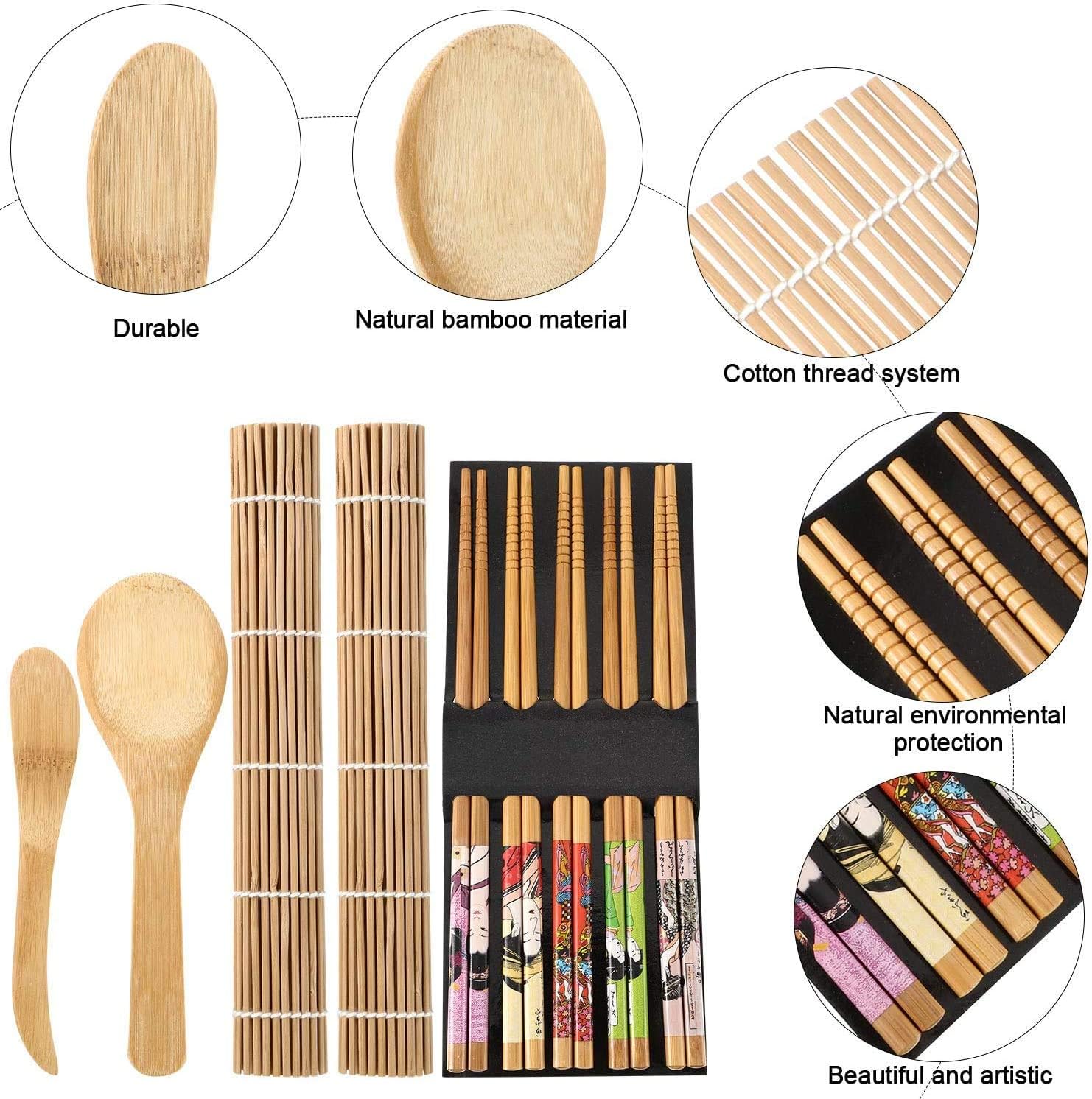 amerteer sushi making kit, bamboo sushi maker kit 9 pcs sushi rolling kit includes 2 sushi curtain, 1 spoon, 1 sushi blade, 5 pairs of chopsticks, easy to use sushi making kit for beginners