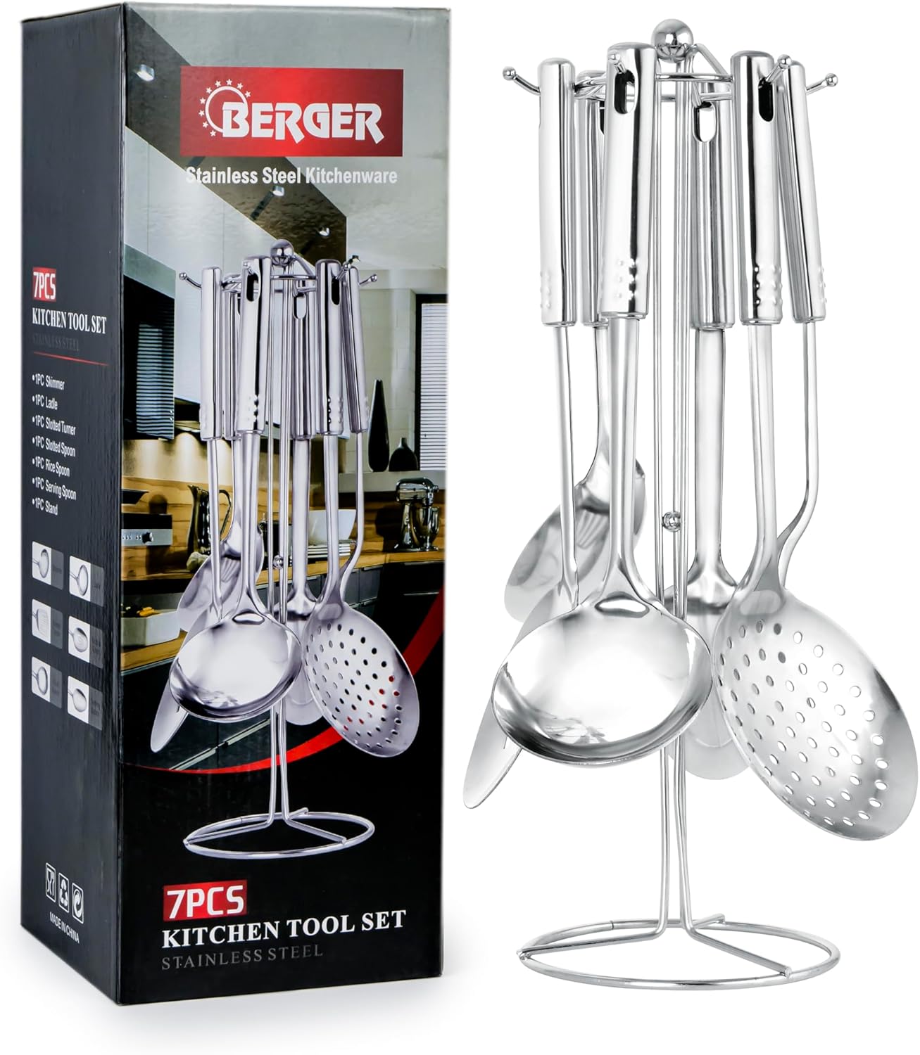 berger stainless steel kitchen tools 7 piece set, silver, multifunctional stainless steel kitchenware with holder stand