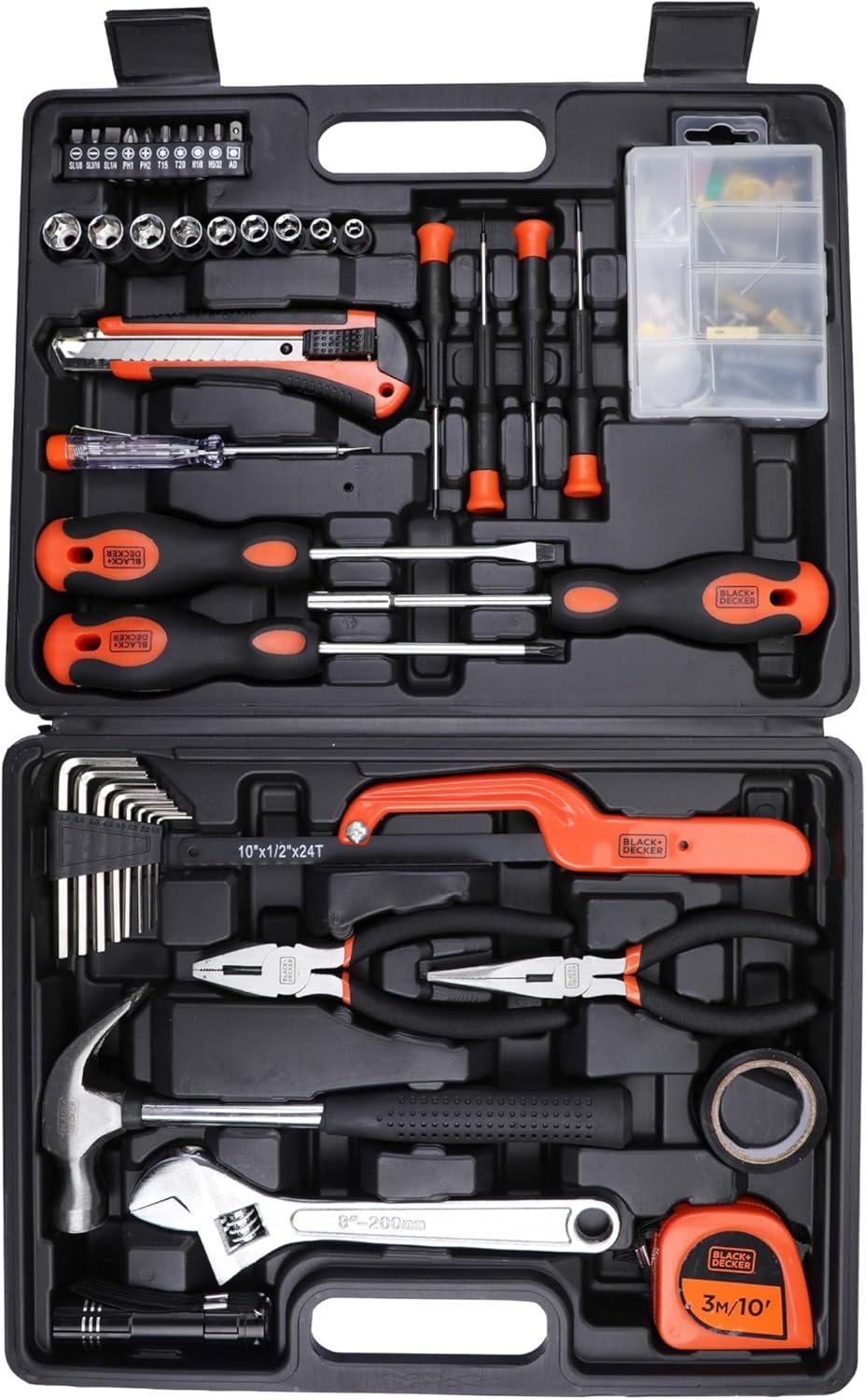 black & decker 126 pieces hand tool kit in kitbox for home diy & professional use, orange/black bmt126c, 2 years warranty
