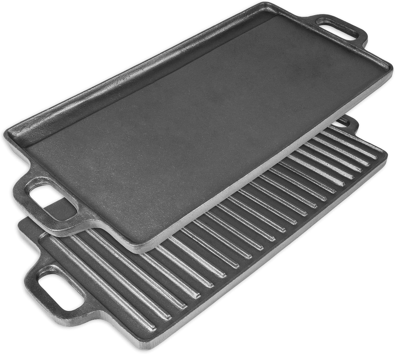 prosource 2 in 1 reversible 19.5” x 9” cast iron griddle with handles, preseasoned & non stick for gas stovetop, oven and open fire.