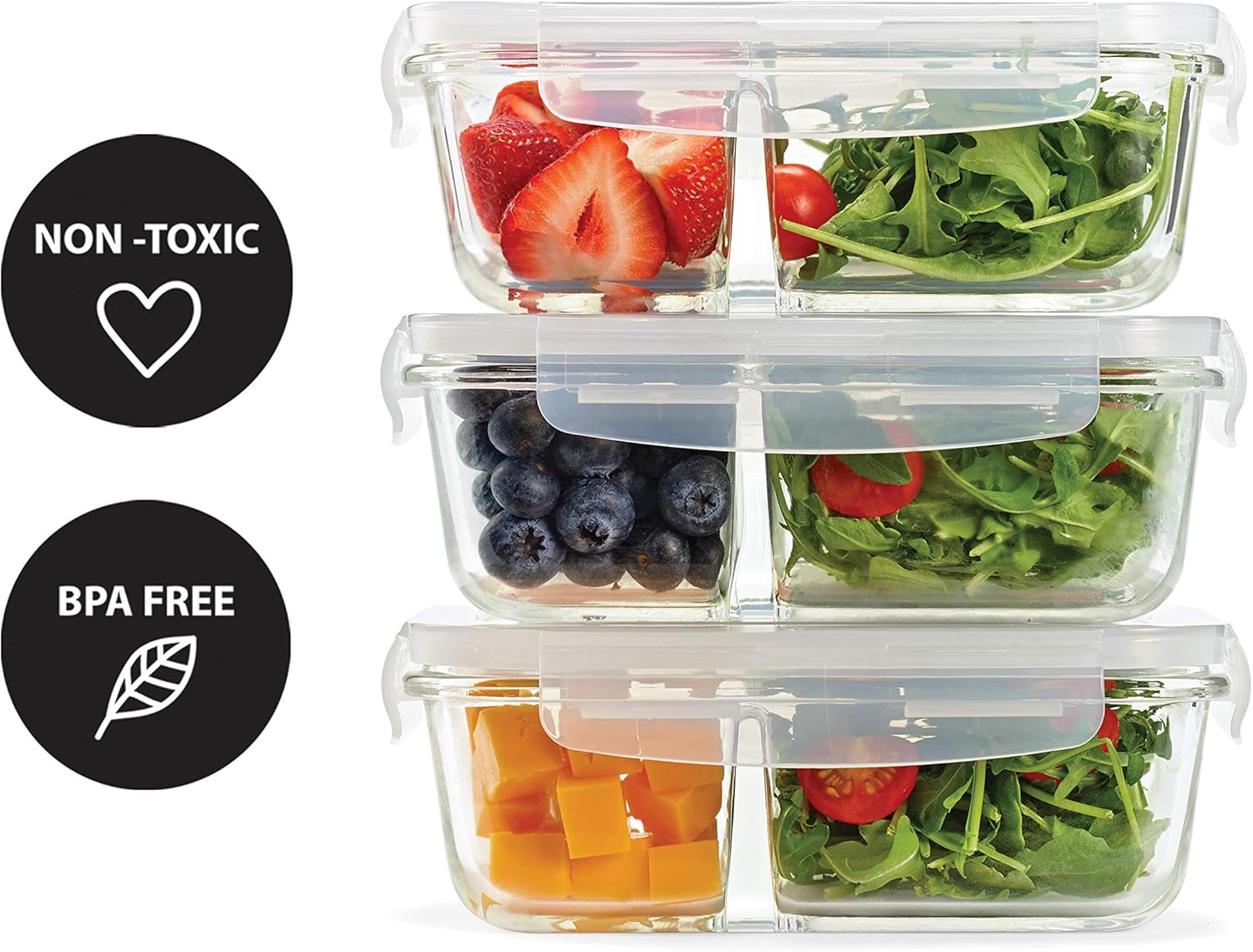 fit & fresh divided glass containers, two compartments, containers with locking lids, glass storage, meal prep containers with airtight seal 3 pack 870gff