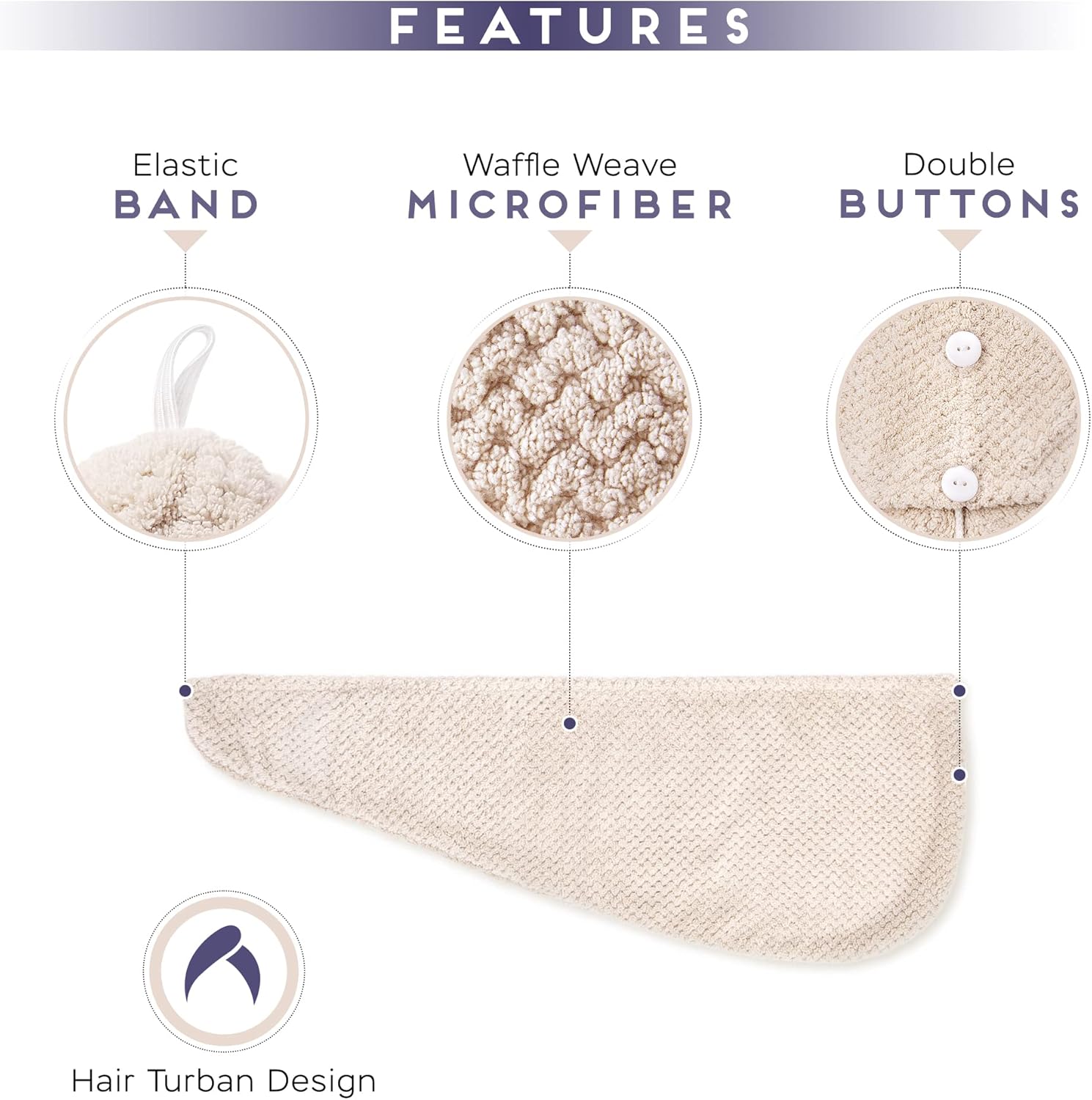 simplefield 2 pack microfiber hair towel wrap for women, anti frizz quick drying hair turban for all hair style, absorbent and lightweight (beige + grey)