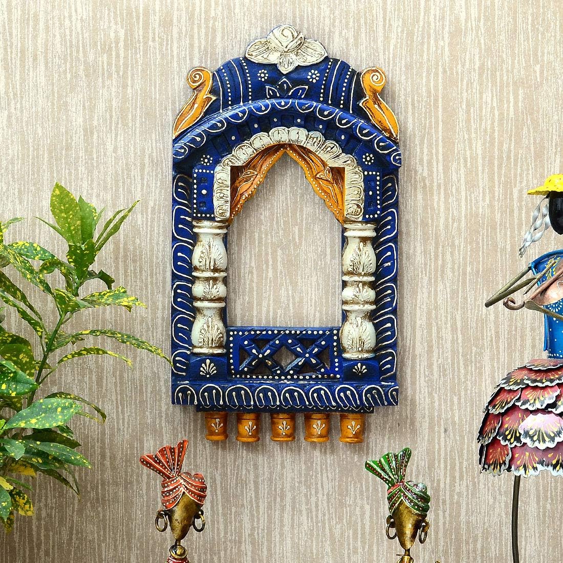 medieval arts mina solid wood hand painted wall hanging jharokha frame (blue, 16' inches), rectangular, framed