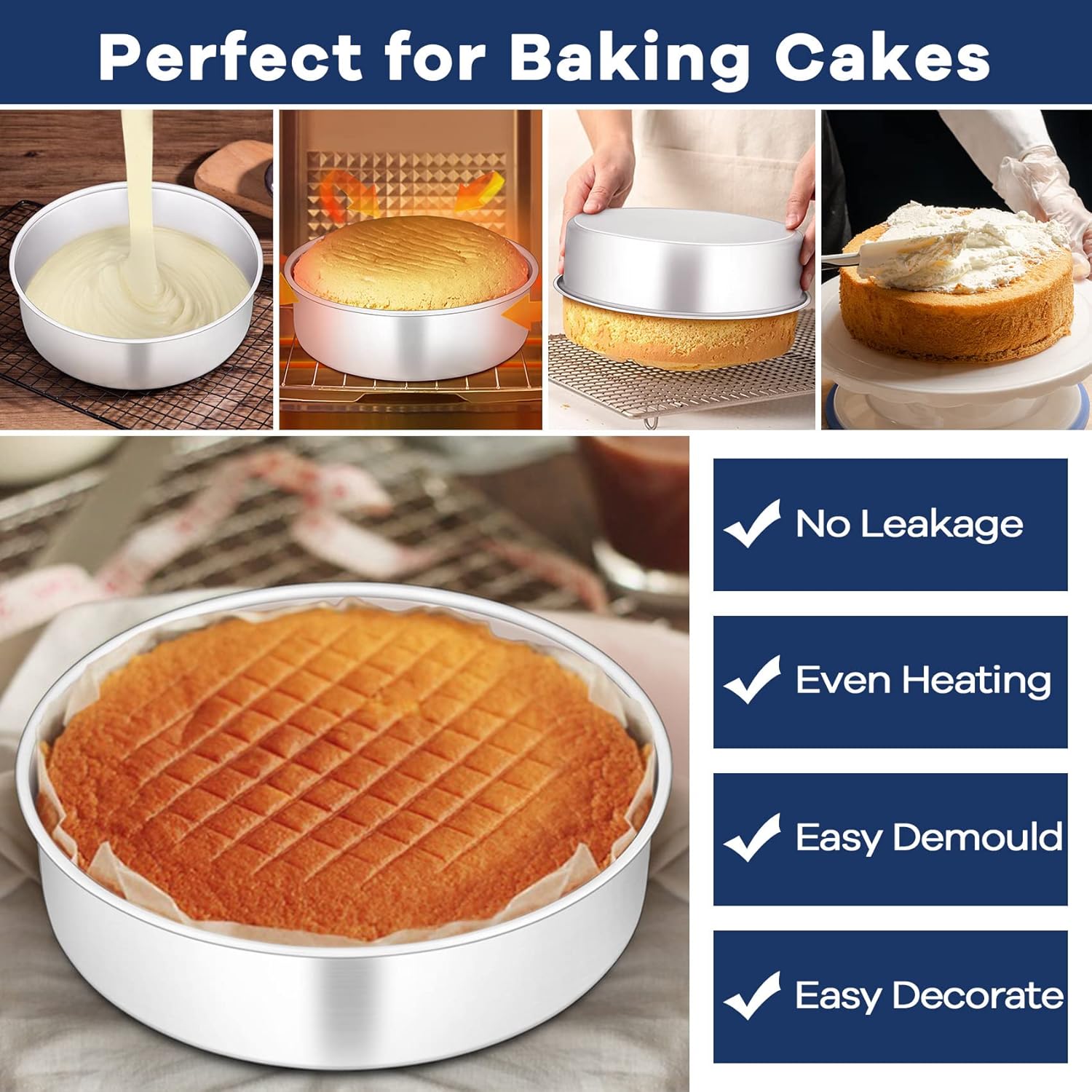 onader 8 inch round cake tin set of 3, stainless steel cake mould pan for baking, ideal for birthday christmas wedding layer cakes, non toxic & healthy, mirror finished & dishwasher safe