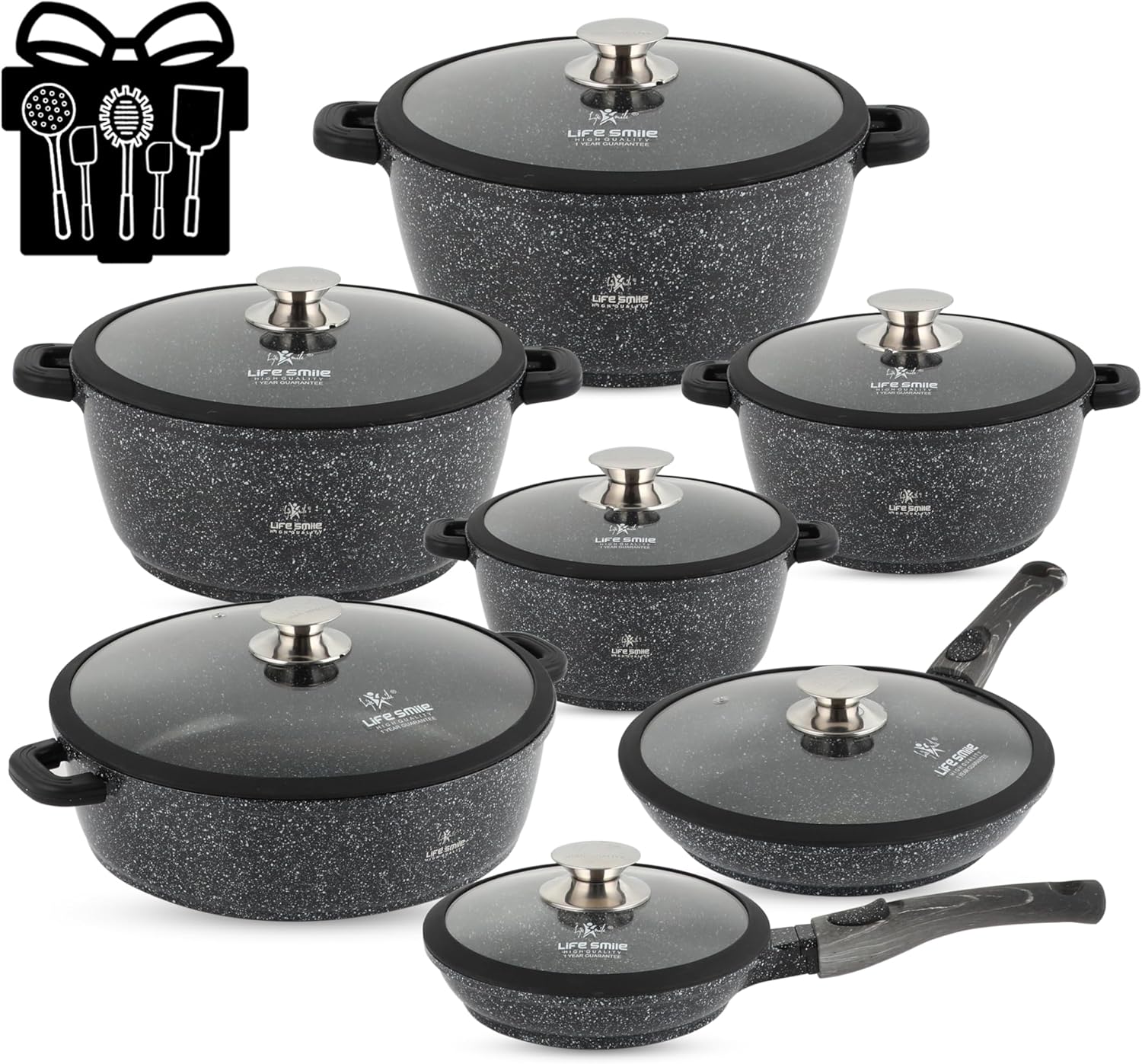 life smile cookware set pots and pans set granite non stick coating 100% pfoa free, induction base cooking set with removable silicone handles oven safe (black, 29 pieces)