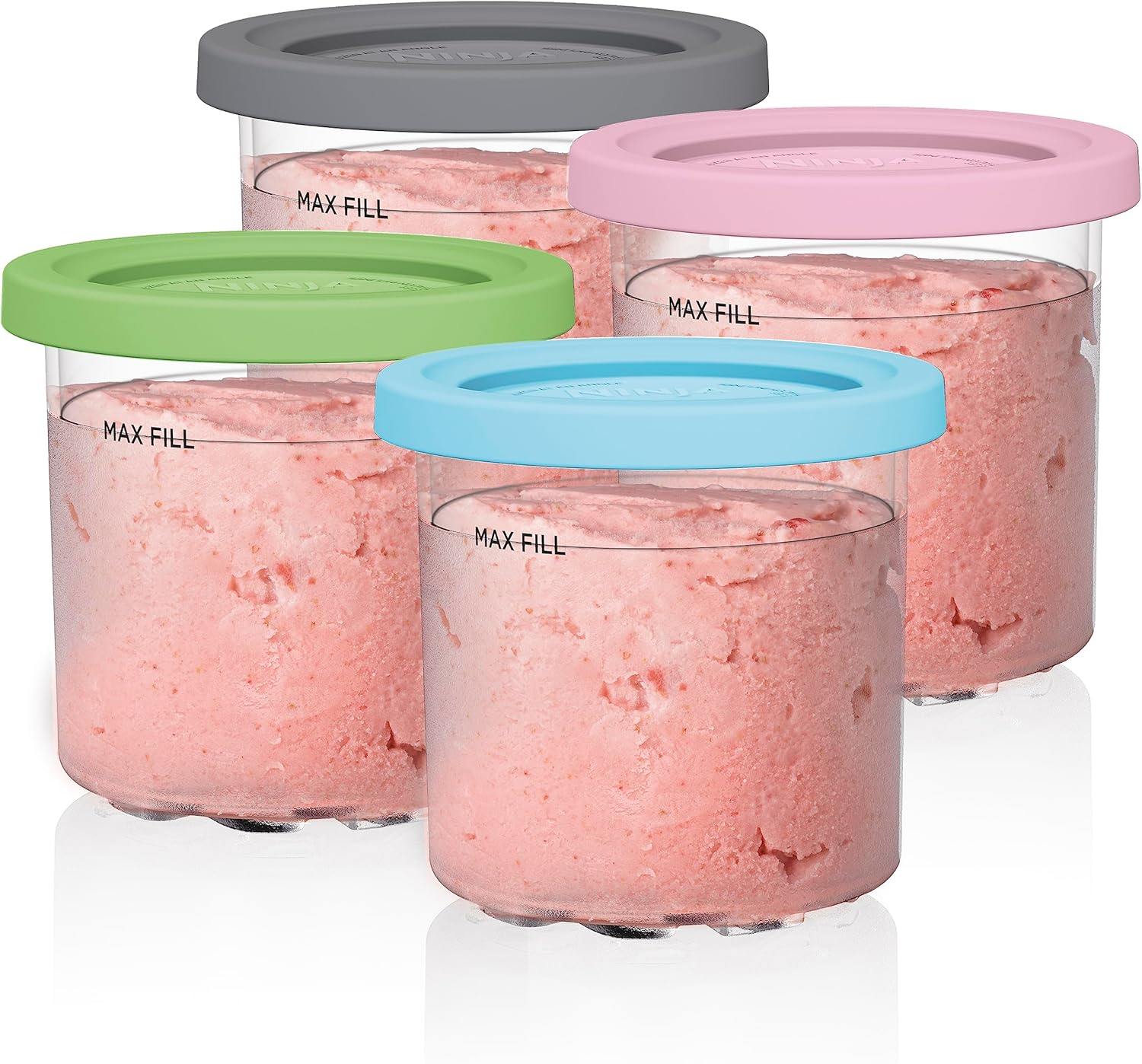 ninja creami pints, compatible with nc299amz & nc300s series creami ice cream makers, genuine ninja pint, bpa free & dishwasher safe, color lids, clear/grey/lime/pink/aqua (4 count pack1)