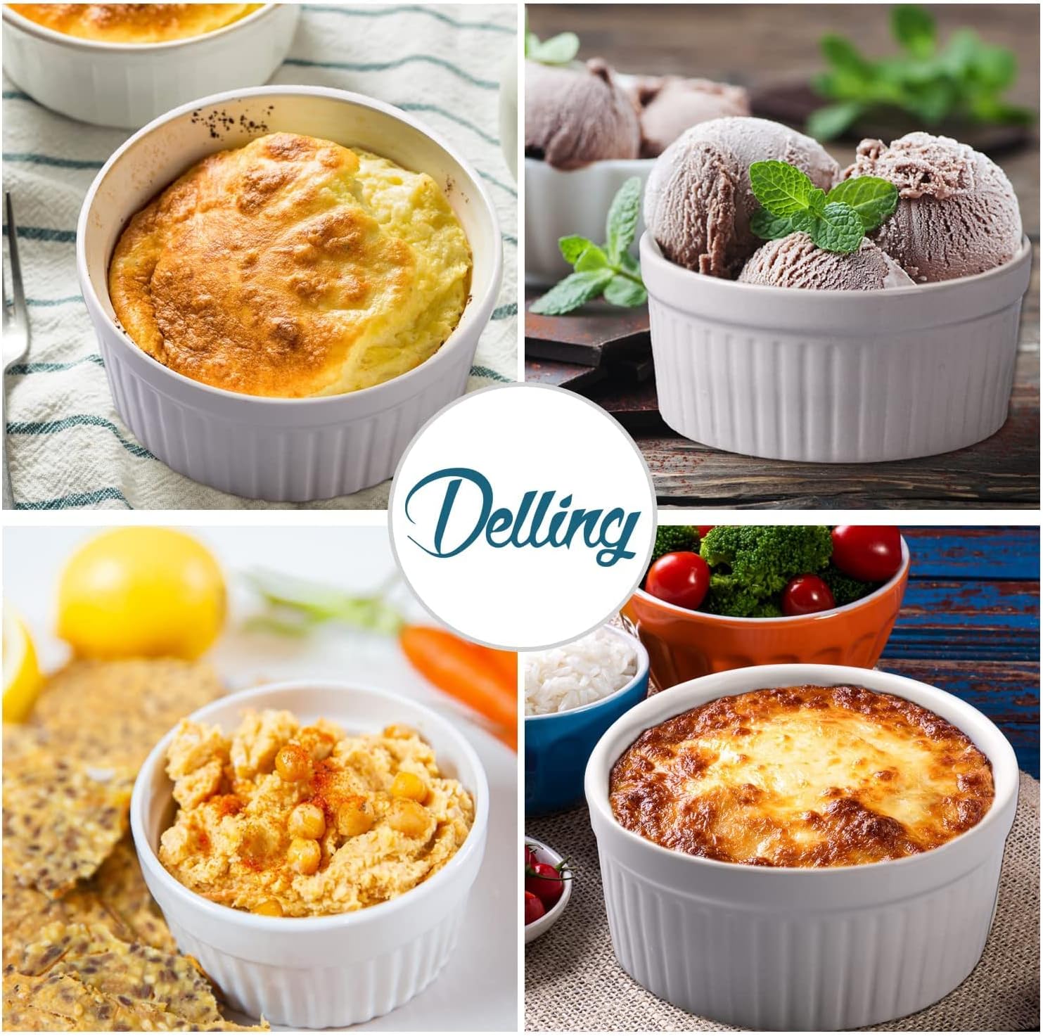 delling ramekins 8 oz oven safe/dessert/ice cream/snacks bowls, small ceramic creme brulee dishes for baking, souffle, pudding, white set of 6