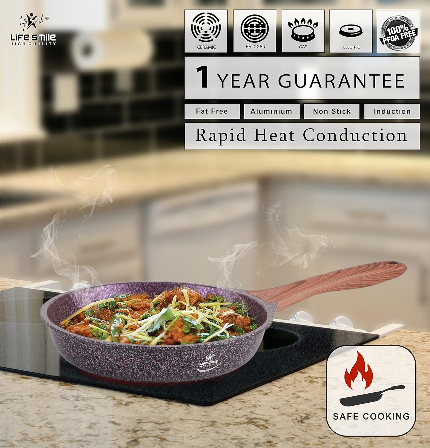 life smile granite coated smart fry pan with lid multi layer granite non stick coating pan | heat resistant handle hanging loop | 100% pfoa free | induction base (purple, 24cm (1.7 liters))