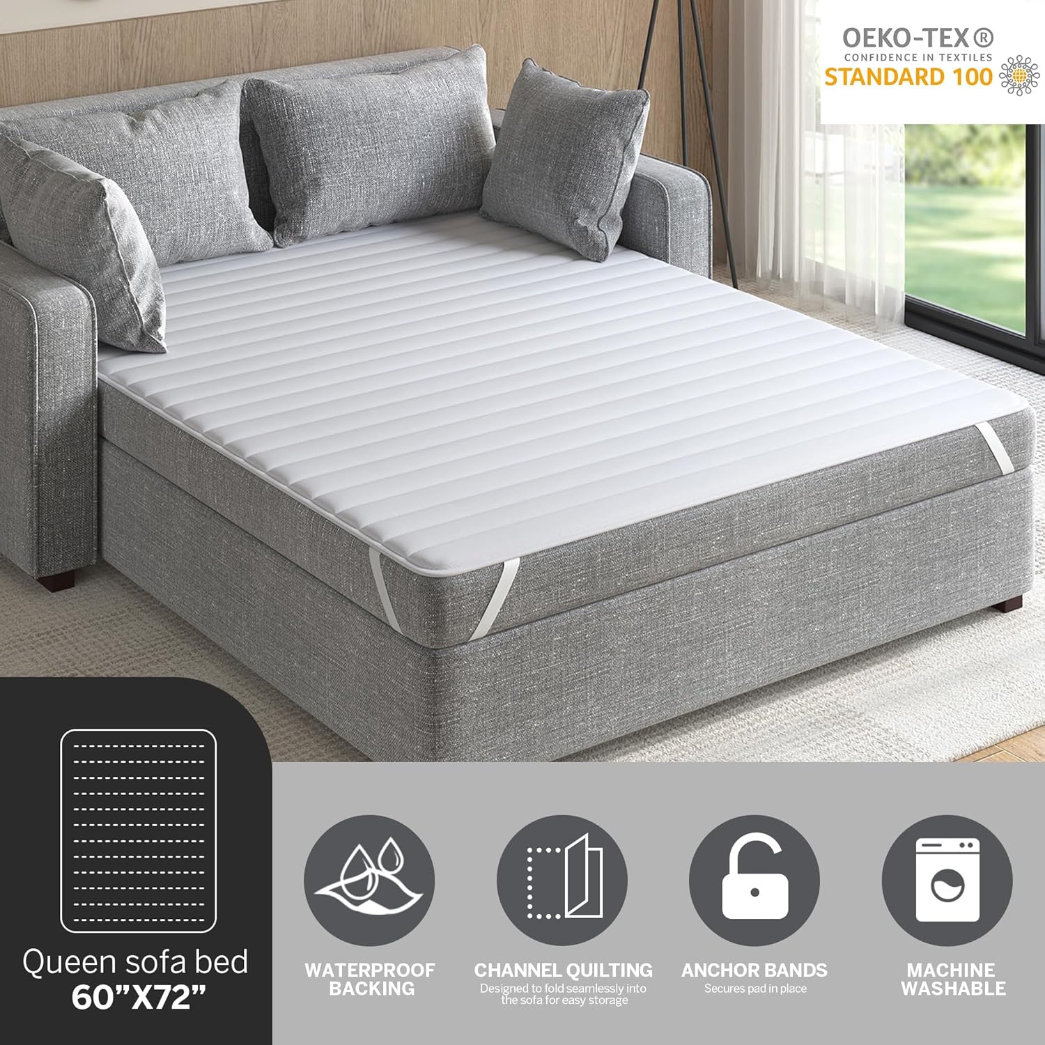 madison park essentials frisco fine microfiber sofa bed cover waterproof mattress protector topper, queen, white