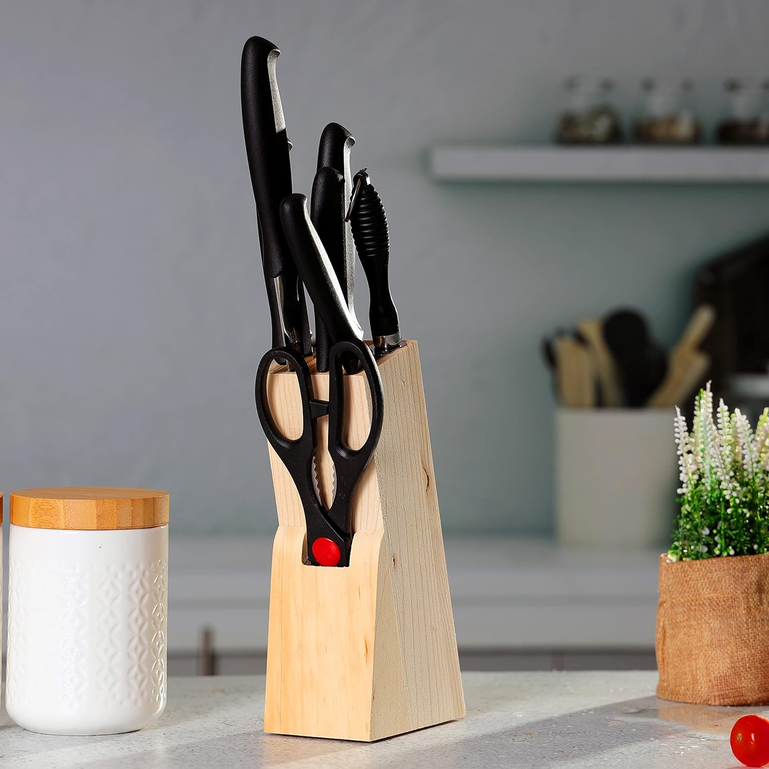 royalford 8pcs kitchen knives set with wooden block, rf10229 multipurpose scissor, knife sharpener all in 1 for chopping, slicing, mincing and dicing, black