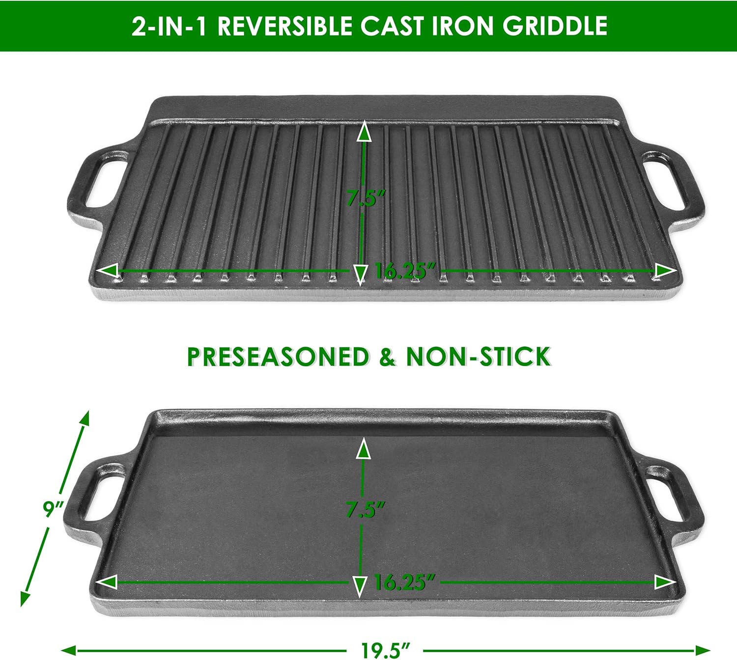 prosource 2 in 1 reversible 19.5” x 9” cast iron griddle with handles, preseasoned & non stick for gas stovetop, oven and open fire.