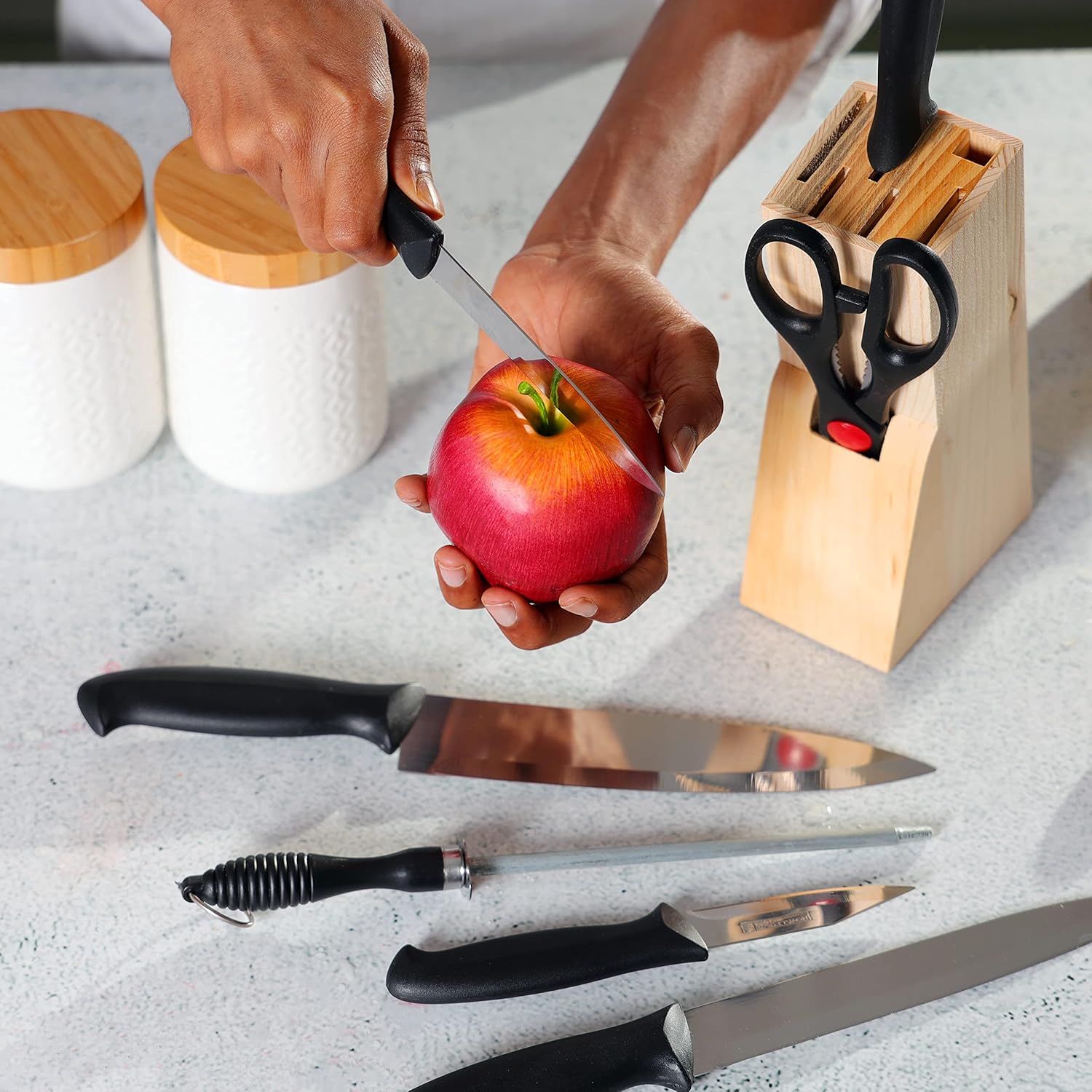 royalford 8pcs kitchen knives set with wooden block, rf10229 multipurpose scissor, knife sharpener all in 1 for chopping, slicing, mincing and dicing, black