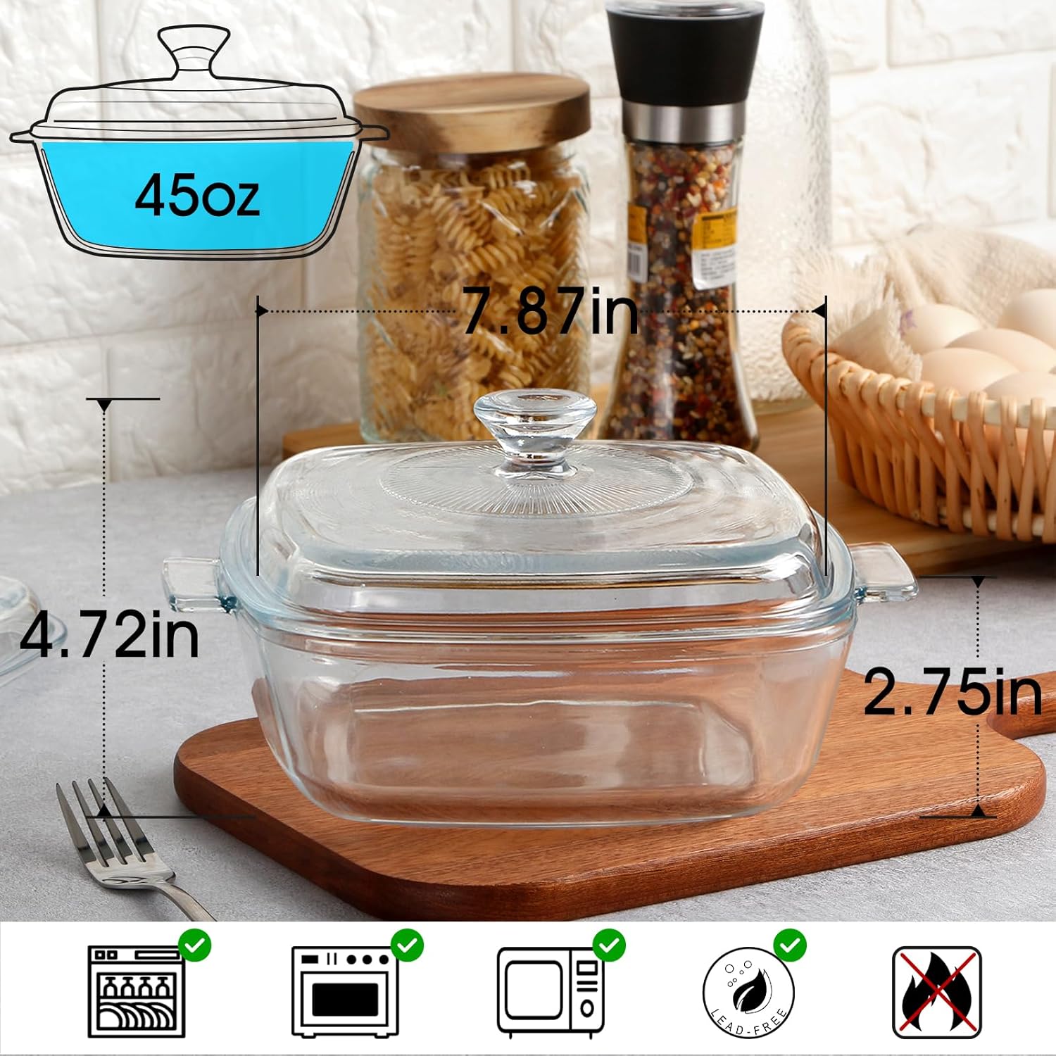 nutriups square casserole dish with lid oven safe covered glass casserole dish with handles, glass microwave bowls with glass lids casserole cookware (1.5l square)