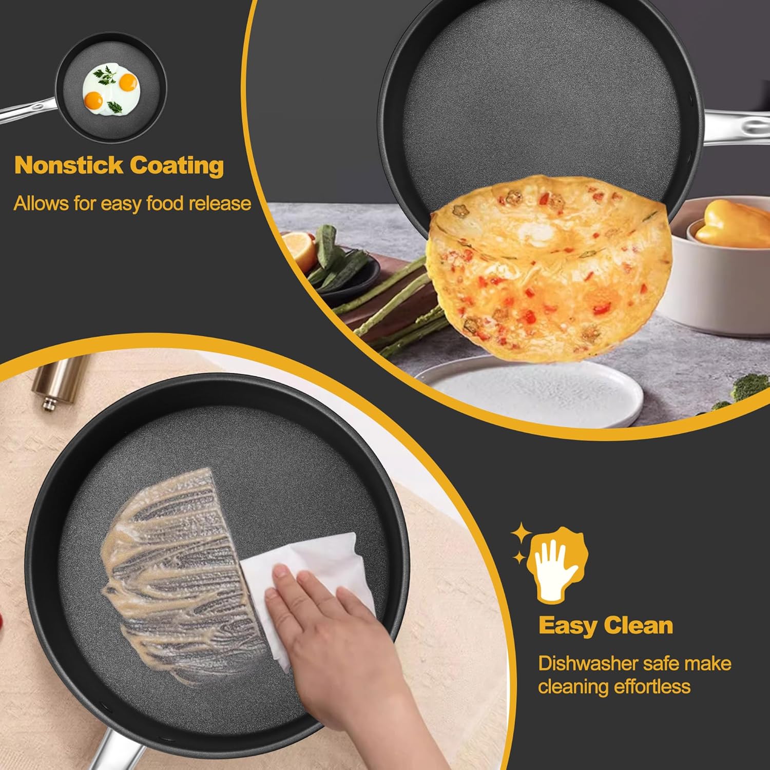 e far 15 piece stainless steel cookware set, 3 ply base kitchen pots and pans set, non toxic induction cooking set including nonstick frying pan saucepan, oven & dishwasher safe, all stoves compatible